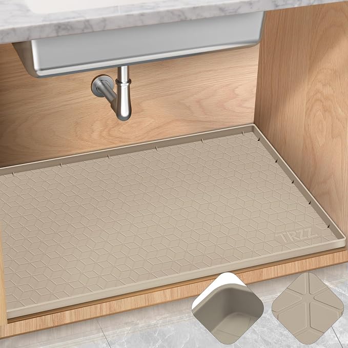 TRZZ Silicone Waterproof Under Sink Mat 34" x 22", Drip Tray and Cabinet Liner for Kitchen and Bathroom, Prevents Water Damage and Organizes Cabinets (Khaki)