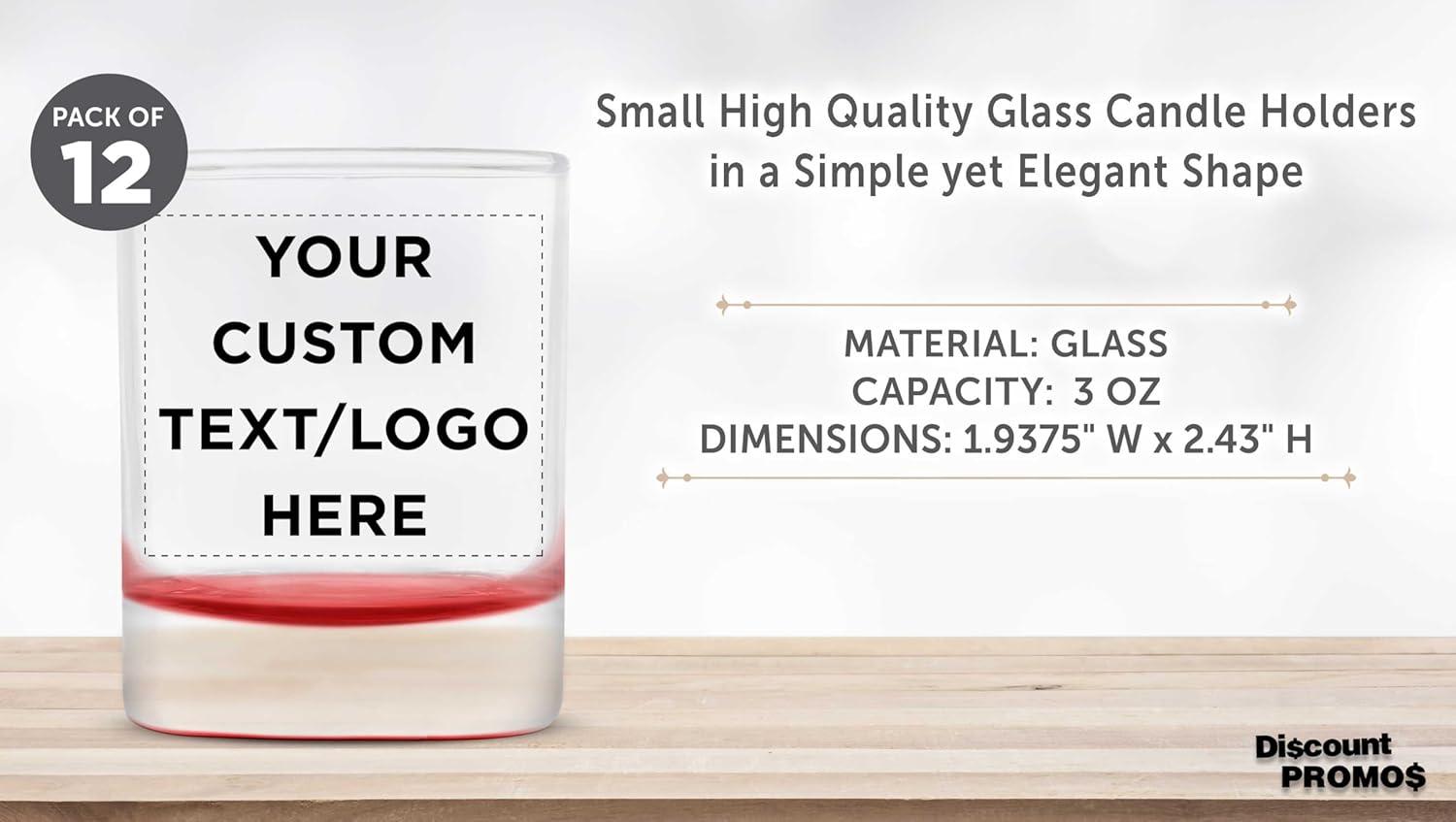 DISCOUNT PROMOS Custom Arc Votive Candle Holders 3 oz. Set of 12, Personalized Bulk Pack - Thick Base, Perfect for Wedding, Anniversary and Party Favors - Red Bottom