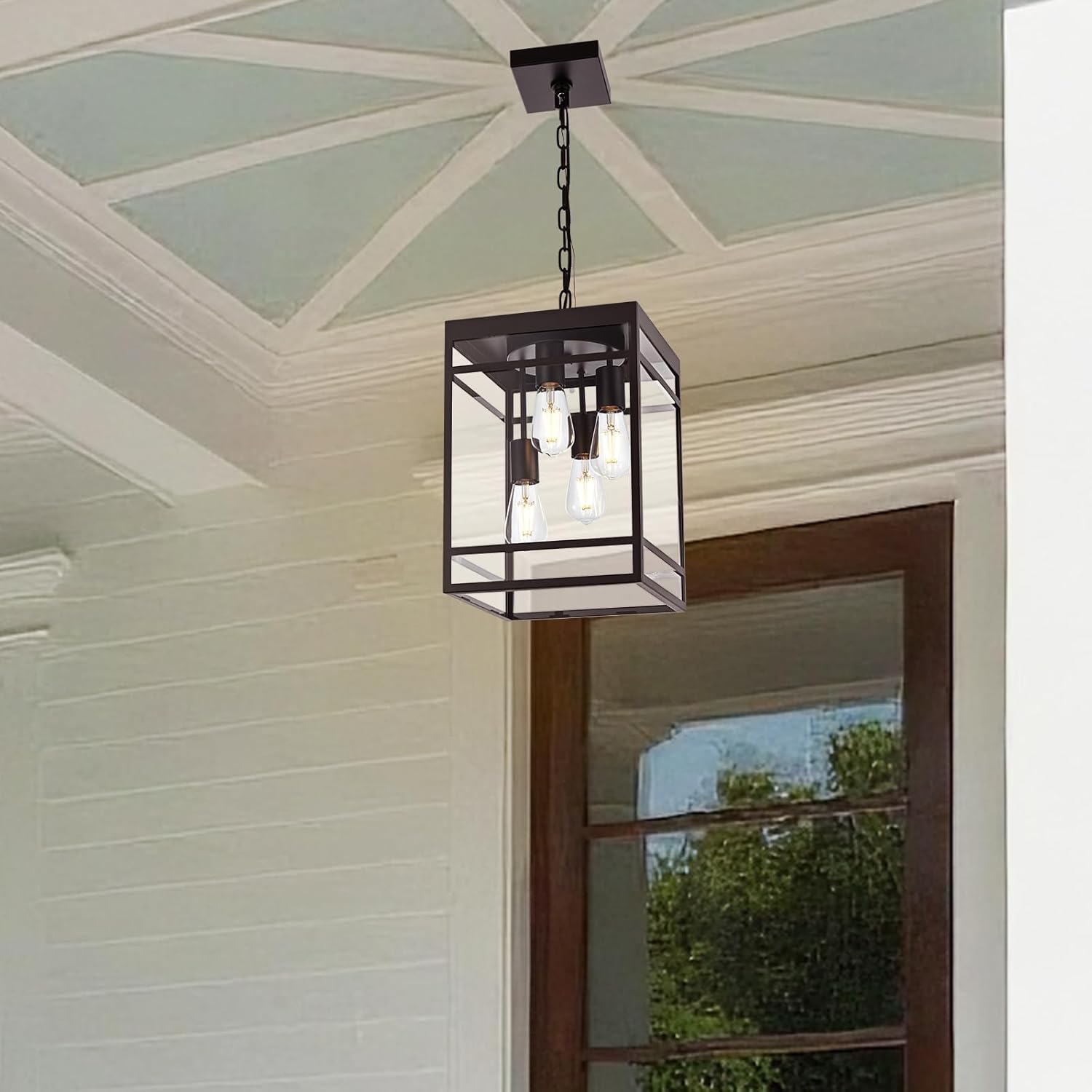 Large Outdoor Pendant Light for Porch, Oil Rubbed Bronze Outdoor Hanging Light Fixture with Clear Glass Shade, Exterior Linear Chandelier Hanging Lantern for Outside Patio,Front Door