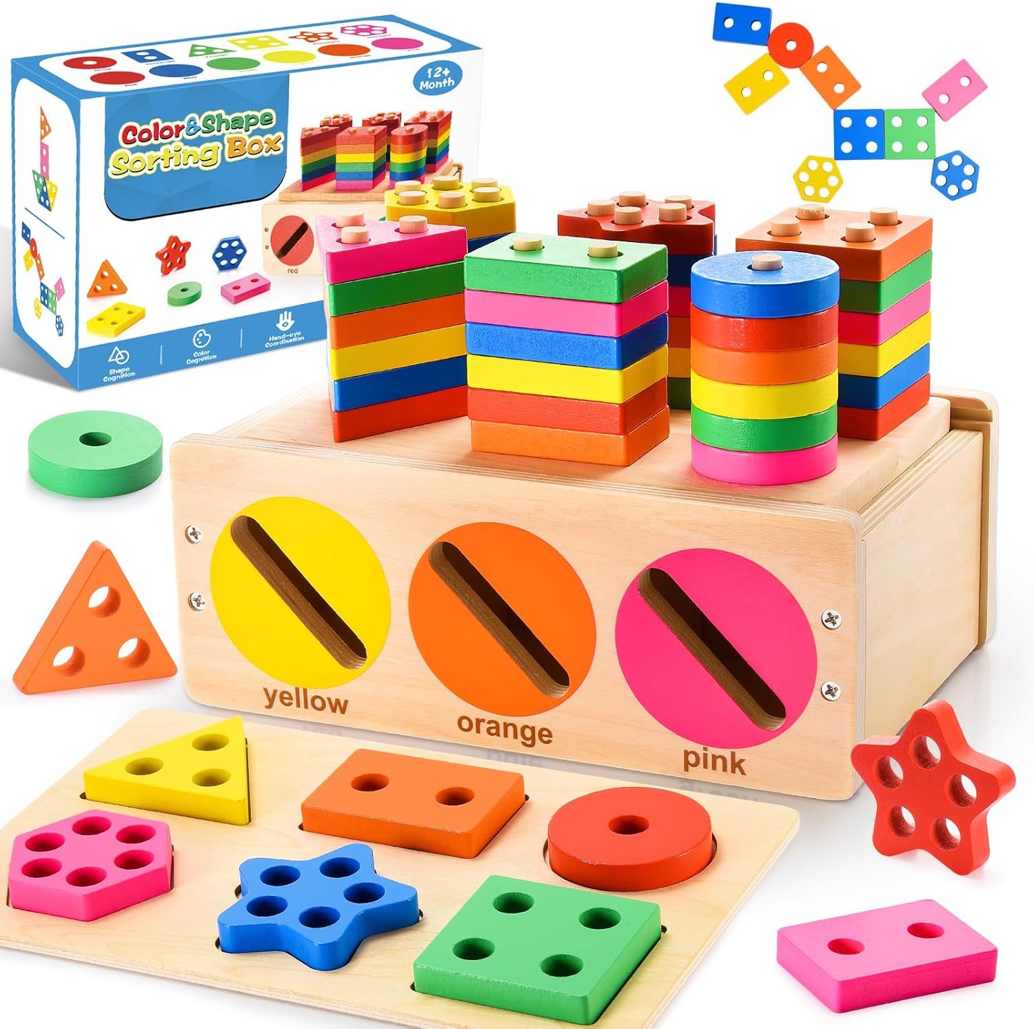 Wooden Toddler Toys,Lucades Color and Shape Sorting Learning Box Montessori Toys for 1 2 3 Year