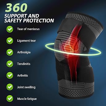 Adjustable Knee Support Brace 1 pack Compression Knee Sleeves for Men Women Use for Meniscus Tear, Arthritis, Tendinitis, Ligament Injury,Weight Lifting, Anti Slip Knee Brace (Black, Large)