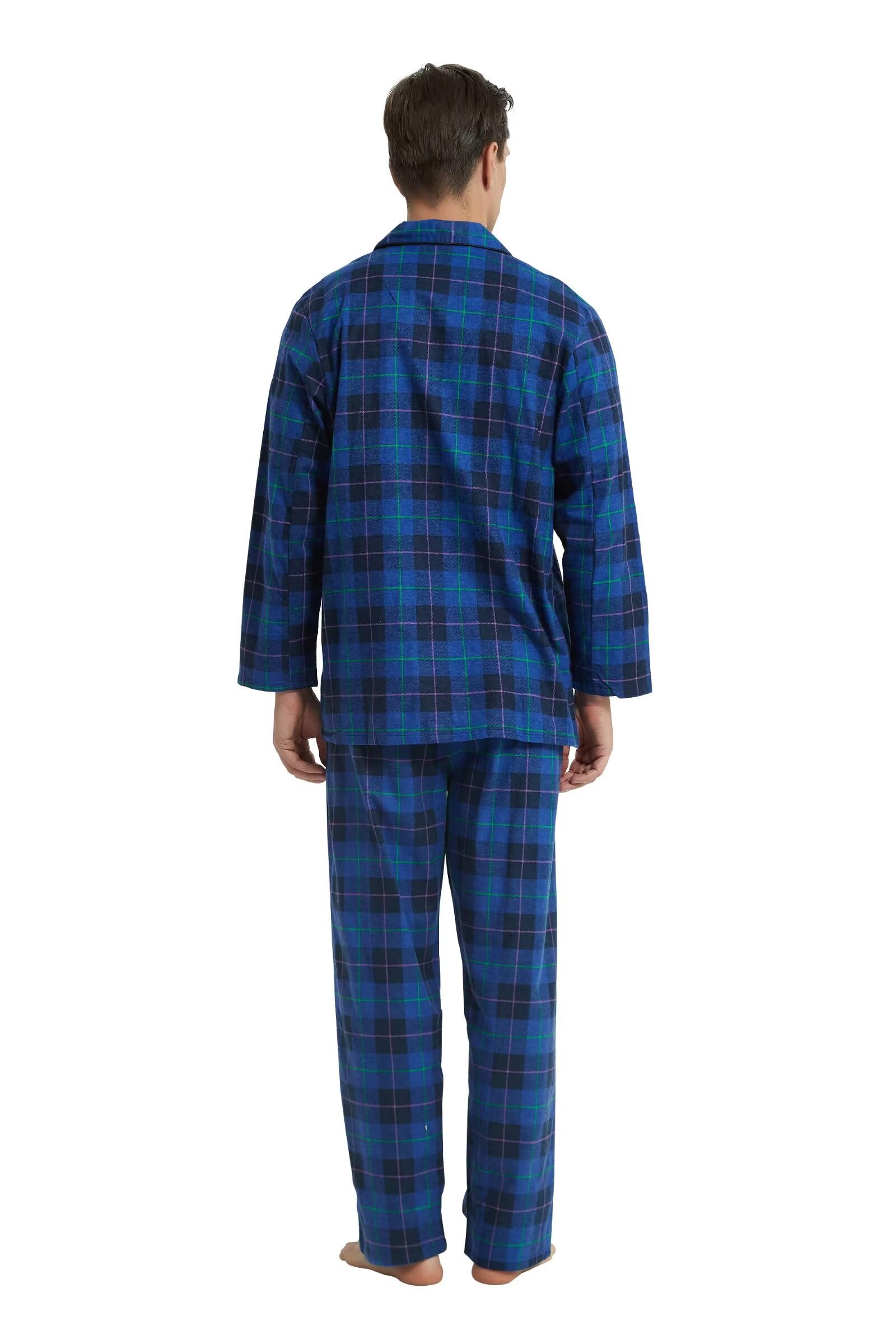 GLOBAL Pijamas para Hombre Franela Cómodo Ropa de Dormir Largo Suave Conjunto de Algodón Hombre Pijamas Manga Larga Botones y Pantalones Cintura Elástica Cordón