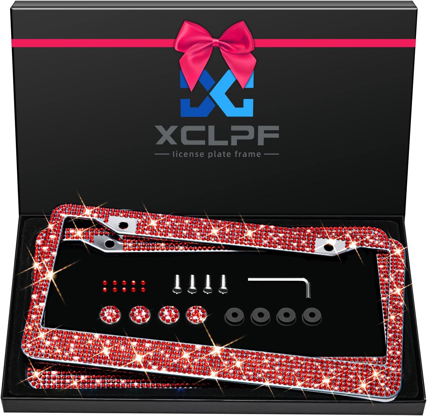 Bling License Plate Frame for Women, Sparkly Stainless Steel License Plate Frames| Over 1200 pcs 14 Facets Bedazzled Clear Glass Diamond Rhinestone Crystals w/Free Glitter Diamond+GiftBox（Red）