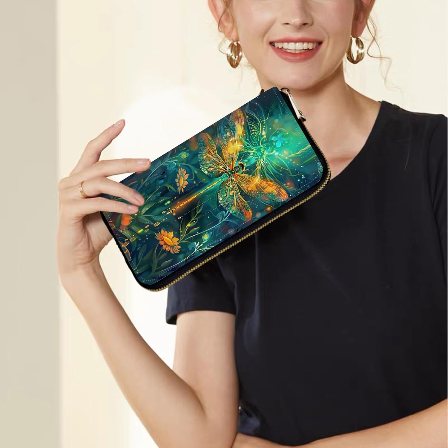 Women's Wallets,Credit Card Holder Money Leather Long Wallet with Wristlet,Large Capacity with Zip-Around Phone Purse for Women Ladies Girls,Sparkly Dragonfly - Image 7