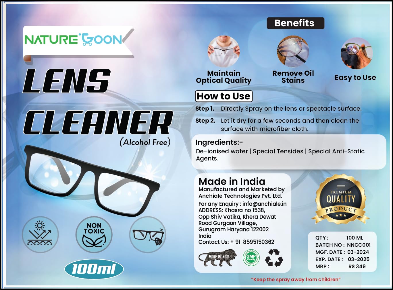 Naturegoon Lens Cleaning Solution with Microfibre Cloth 100ml(Pack of 2) | Perfect Lens Cleaner for Spectacles, Eyeglasses, Sunglasses |Alcohol Free (Pack of 2) 1