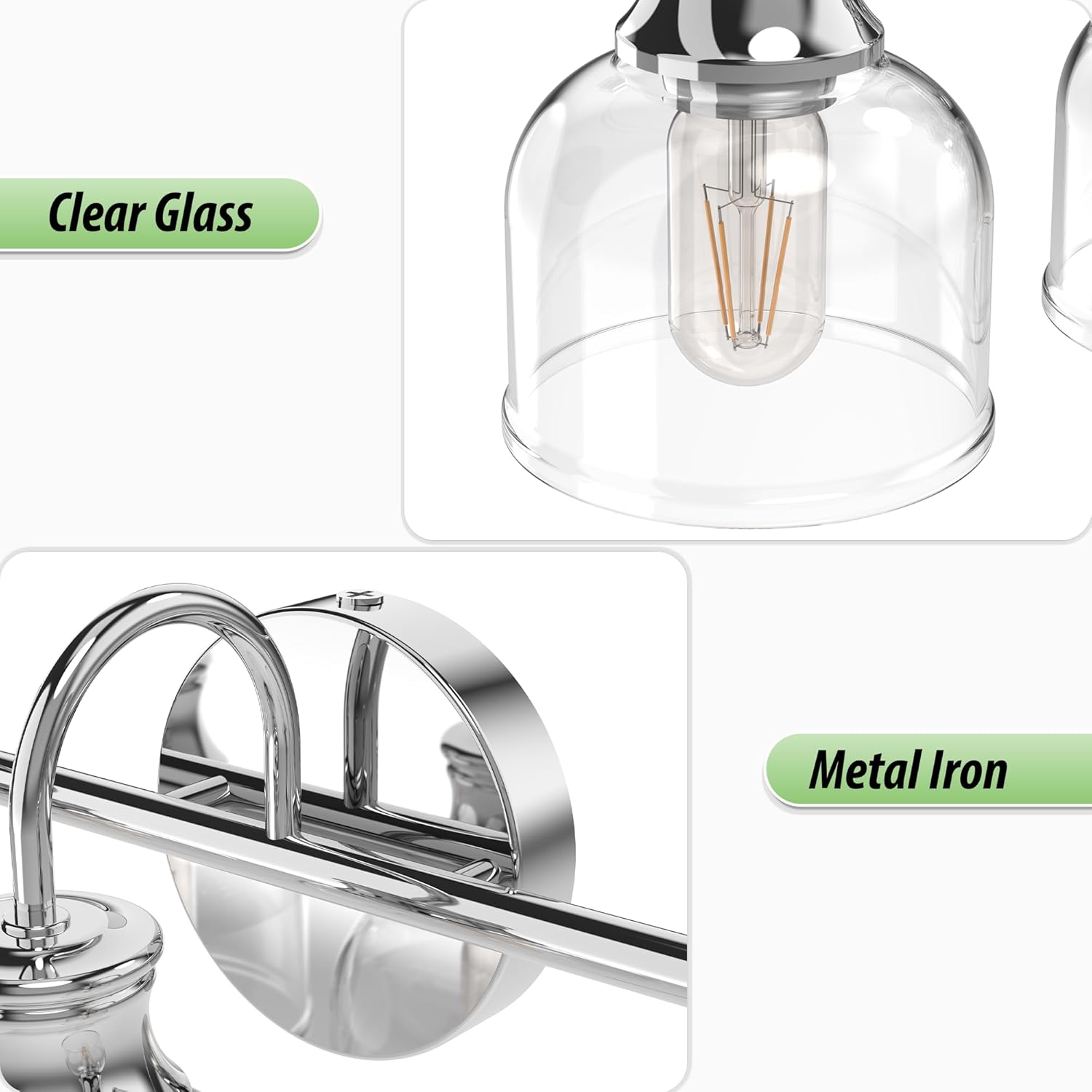 3 Lights Bathroom Vanity Light Fixtures, Chrome Traditional Classic Vanity Light with Clear Glass, Bathroom Lighting Fixtures Over Mirror