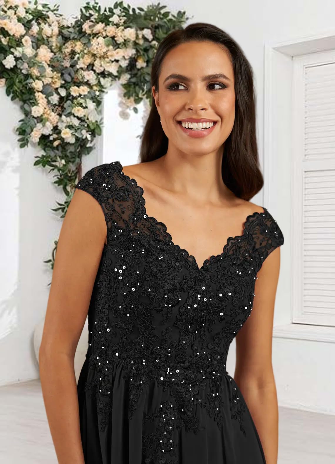 HUINI Damen Brautmutterkleider für Hochzeit Bodenlänge Chiffonkleid mit V-Ausschnitt und Pailletten Kleid Hochzeitsgast Damen Formell Abendkleider Elegant Für Hochzeit