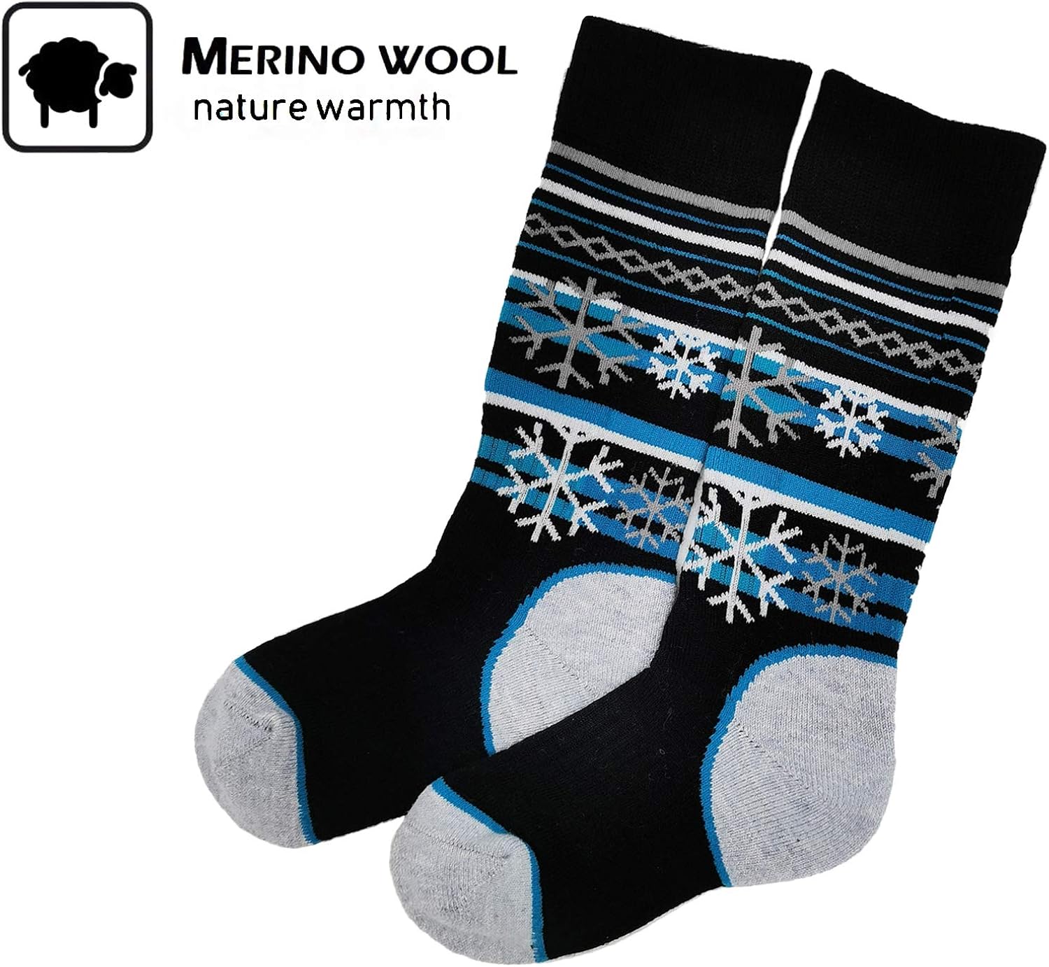 HIGHCAMP 2 Pairs Warm Merino Wool Blend Seamless Toe Thermal Ski Socks Full Terry for Toddler Kids Boy Girl, for Hiking Skiing Snowboarding -Snowflake,M: Clothing