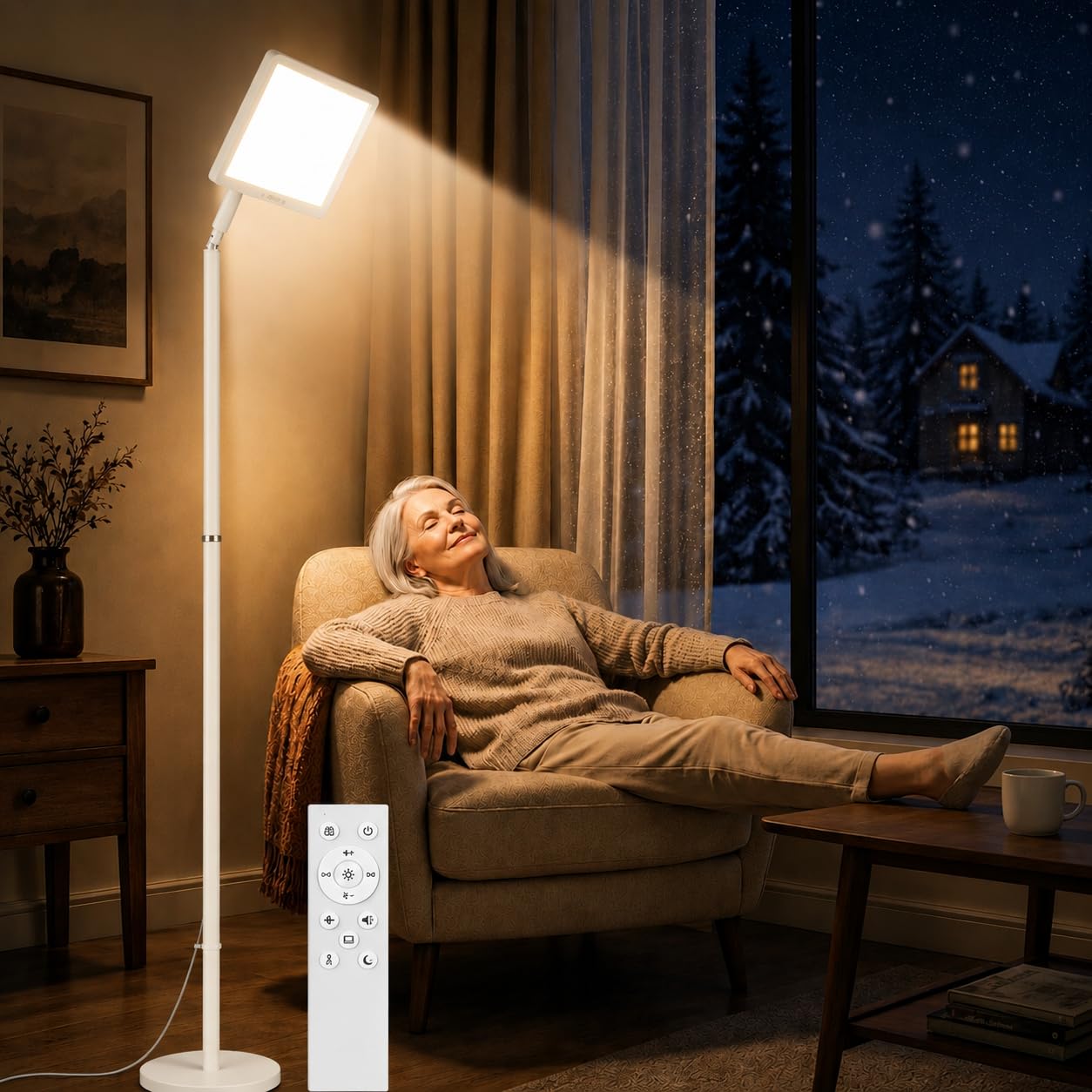 Lampe de luminothérapie 12 000 lux, sans UV, lampe de thérapie au sol à spectre complet, lampe solaire LED 4 en 1, 10 niveaux de luminosité, 5 modes de couleur, télécommande et