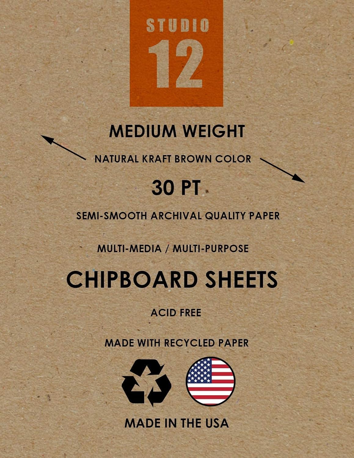 Medium Weight Chipboard Sheets. STUDIO 12 Brand. (8.5" x 11") .030” Thickness. (25 Sheets)