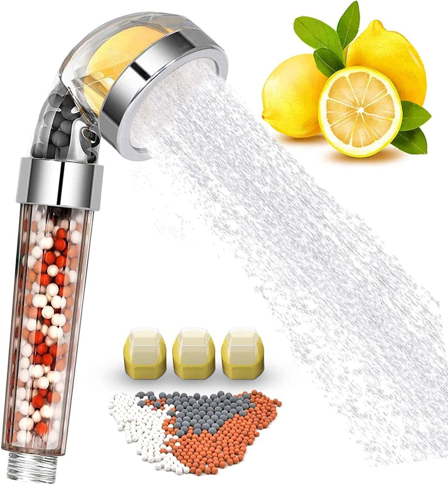 Vitamin C Filter Shower Head with 3 Replacement Balms - Handheld High Pressure Shower Head Remove Chlorine for Hard Water Softener with Citrus Smell for Dry Skin and Hair Loss