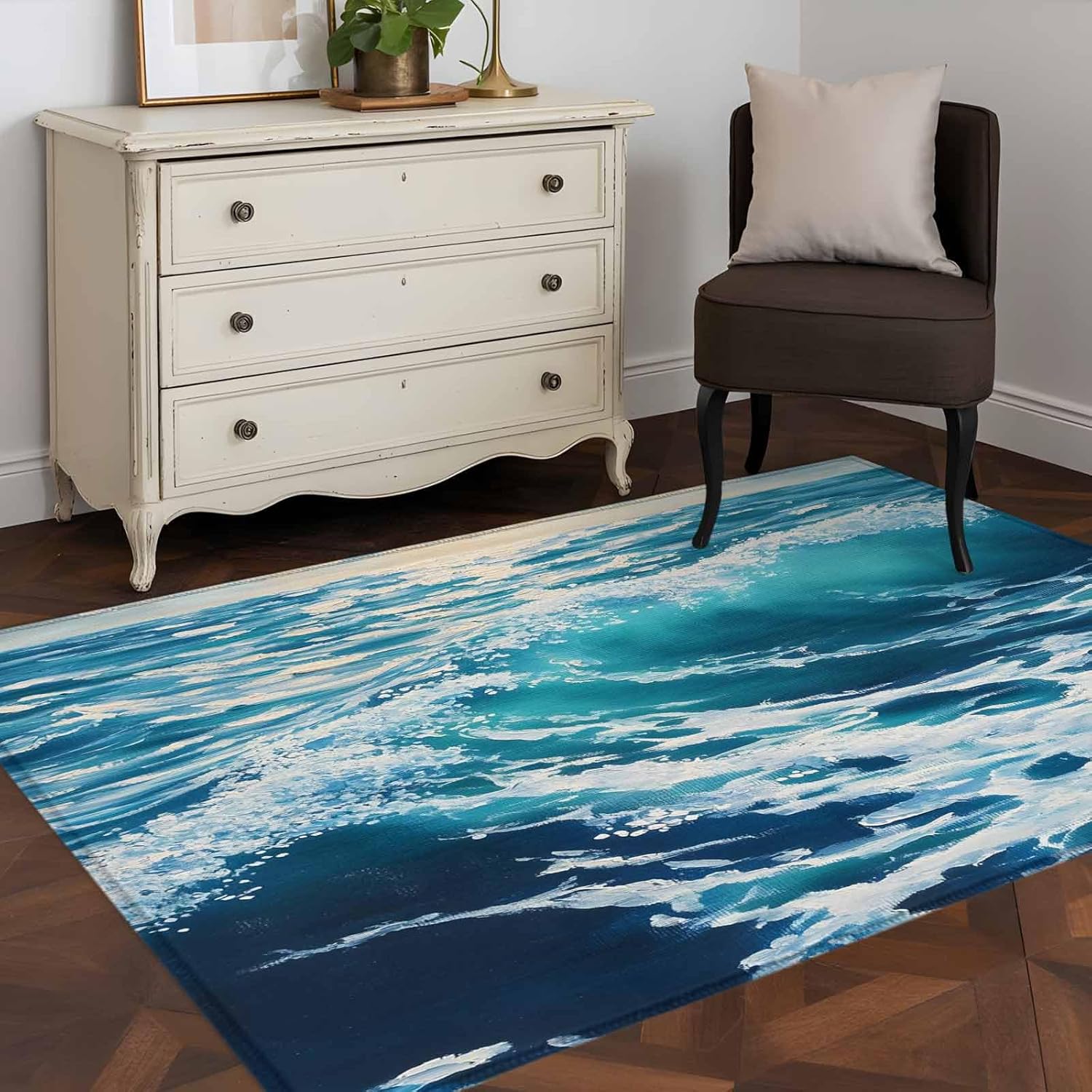 Blue Teal Coastal Area Rug 3x5 Washable Rug Non Slip Sea Nautical Ocean Summer Beach Large Area Rug Indoor Floor Carpet for Entryway Bedroom Kitchen Living Room Home Office Dining Room Nursery
