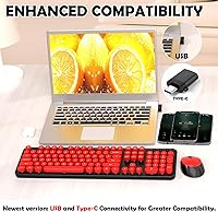Vista 7 de Teclado y mouse inalámbricos, teclado retro COOFUN para máquina de escribir con teclas redondas, ergonómico de tamaño completo, ideal para PC