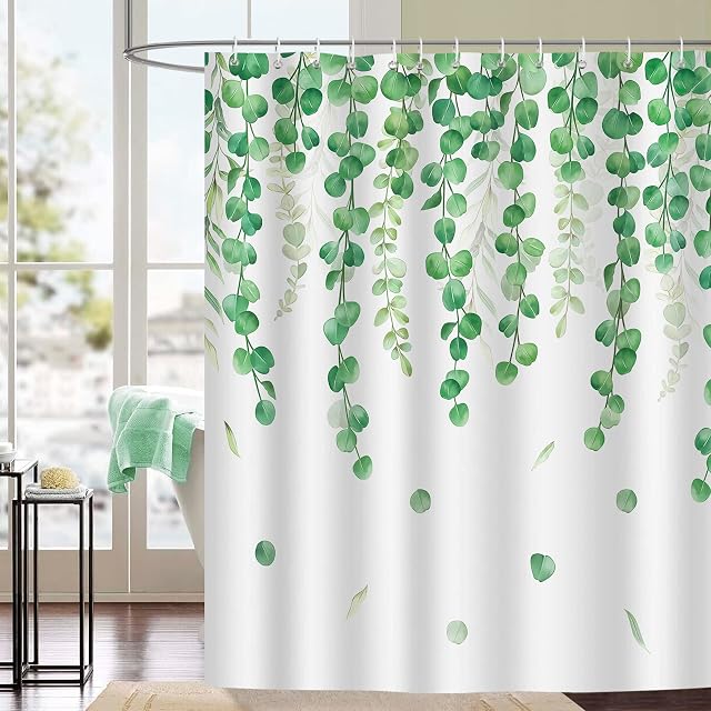 Bonhause Eucalyptus Leaves Shower Curtain 180 x 180 cm Botanical Green Leaf Bathroom Curtain Mildew & Mould Resistant Polyester Fabric Bath Curtain with 12 Hooks