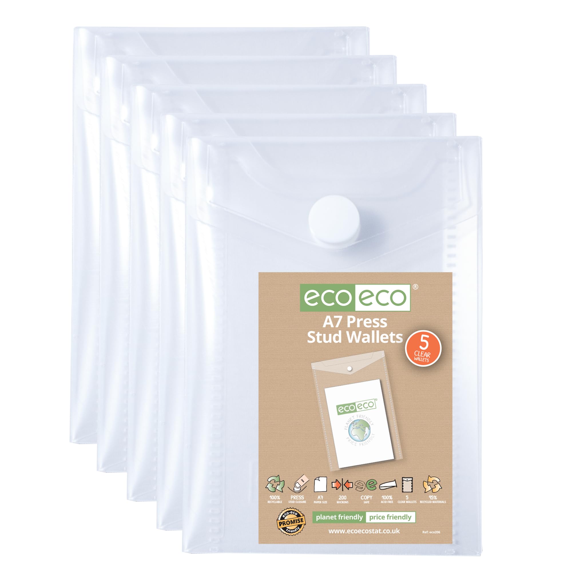 eco-eco Mini 95% Recycled Clear Transparent Portrait Press Stud Popper Wallet, Plastic Folders 74x105mm (Pack of 5), 200mic, eco206