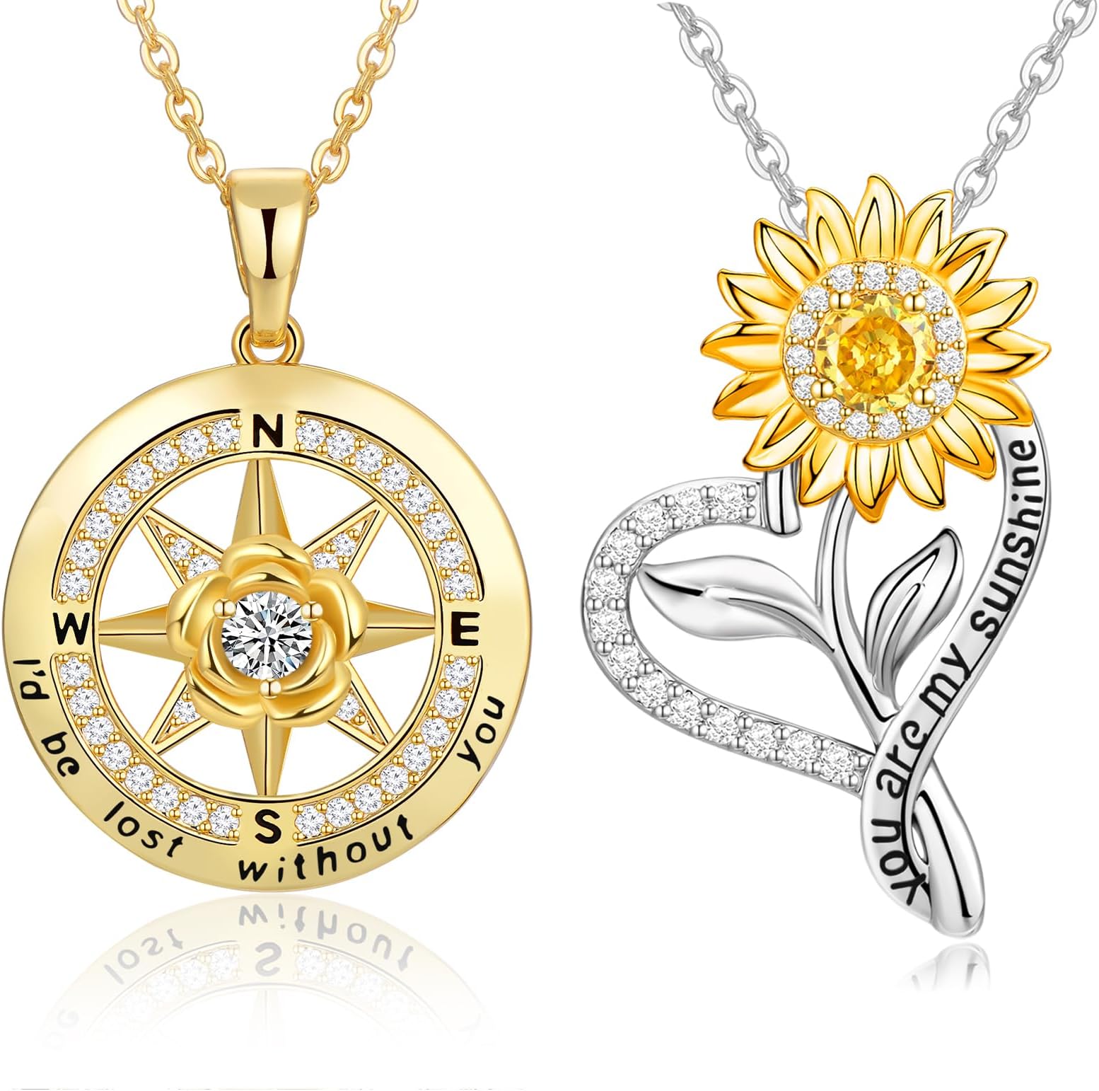 Anniversary Birthday Gifts for Women Wife Girlfriend- I'd Be Lost Without You Compass Necklace and You Are My Sunshine Sunflower Necklace