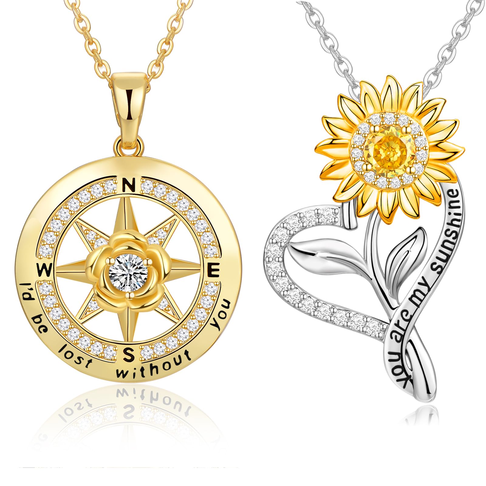Anniversary Birthday Gifts for Women Wife Girlfriend- I'd Be Lost Without You Compass Necklace and You Are My Sunshine Sunflower Necklace