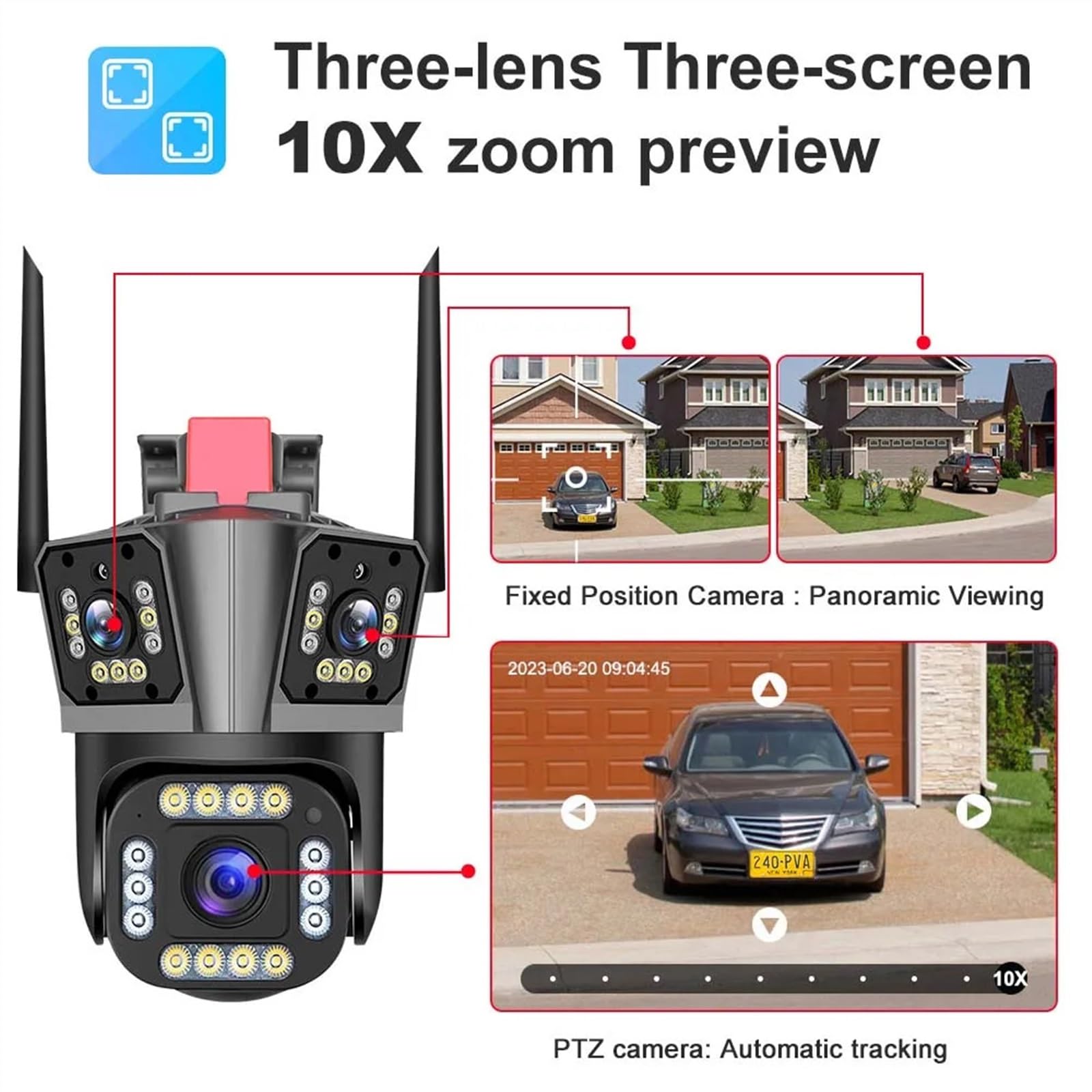 Kamera bezpieczeństwa, Kamera IP 5K 12MP HD 10X Zoom trzyobiektywowa kamera PTZ zewnętrzna szerokokątna do wykrywania ruchu bezpieczeństwa nadzór wideo(5K Camera Add 128G)