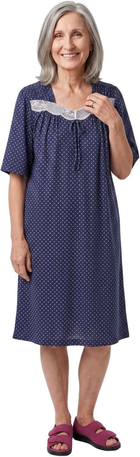 Silverts Women’s Adaptive Clothing Open Back Nightgown with Pockets, Assisted Dressing Gown for Elderly, Nursing Home Care