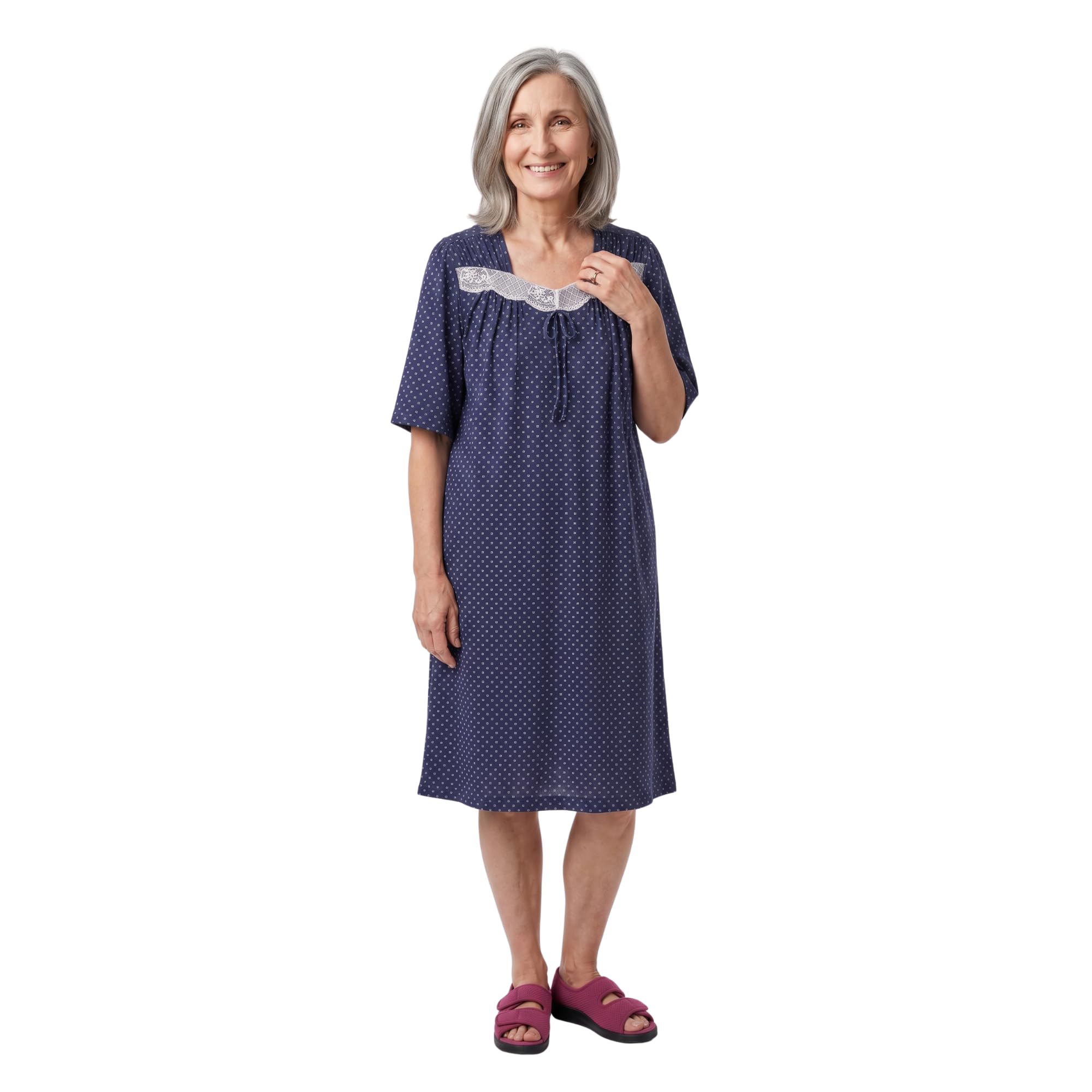 Camisón de encaje adaptativo con espalda abierta para mujer - No Peek Hospital Vestido para personas mayores, Azul marino, M