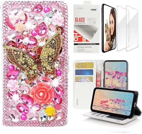 Miniatura 9 de STENES Bling - Funda tipo cartera compatible con iPod Touch de 7ª generación (2019), elegante, hecha a mano, 3D, diseño de flores de mariposa rosa