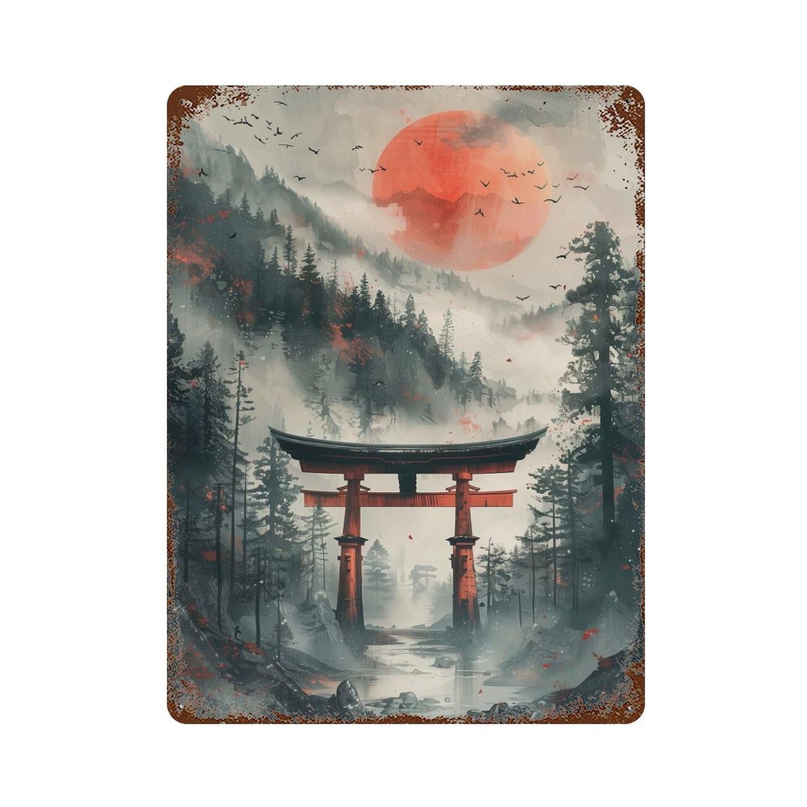 Japanese Torii Gate Vintage Rust Metal Sign 15.7"x11.8", for Pub, Kitchen And Man Cave Decor, Rustic Home Decor