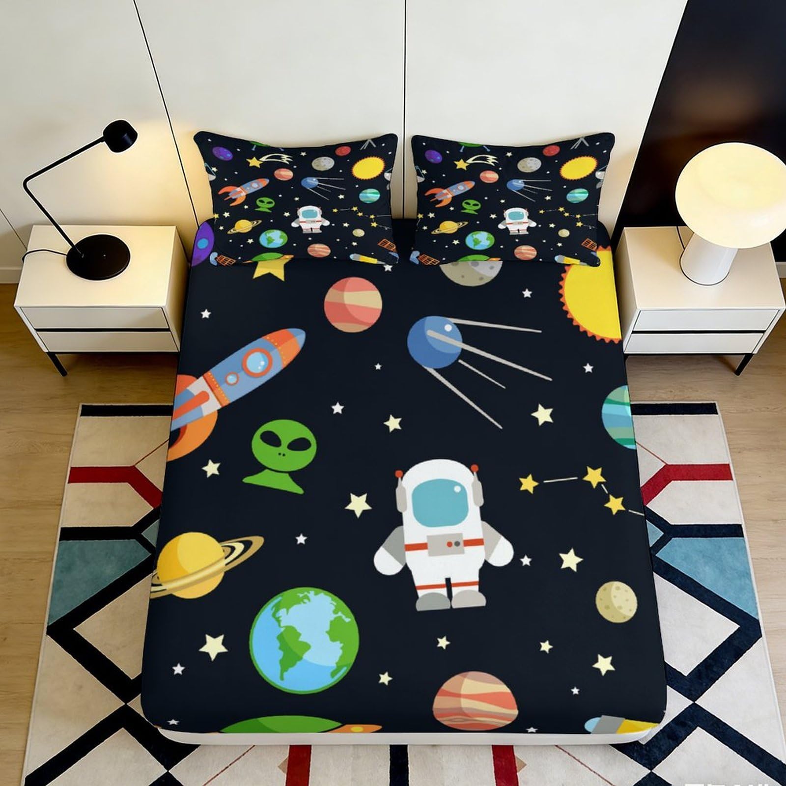 3D Printed Space Universe Fitted Sheet Microfiber Anti-Slip Rocket Alien Bed Cover for Bedroom Guestroom Dorm Decor 140x200x25cm