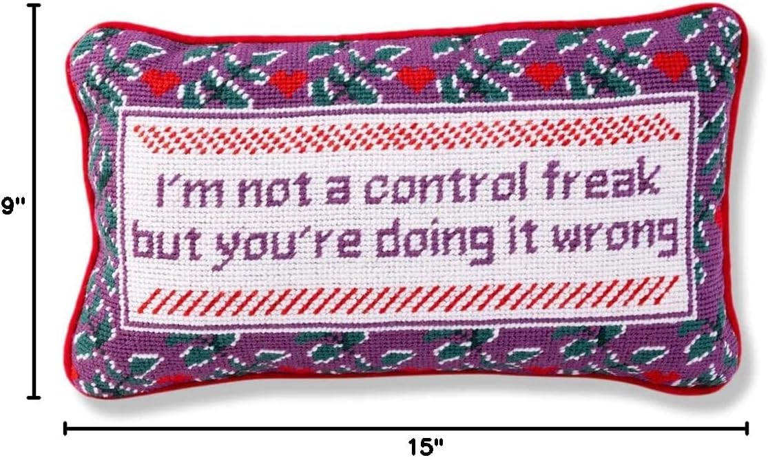FURBISH Needlepoint Decorative Throw Pillow - Control Freak - 9" x 15" - Small Embroidered Accent Pillow for Bed, Chair, Couch, Sofa - Eclectic Home Decor