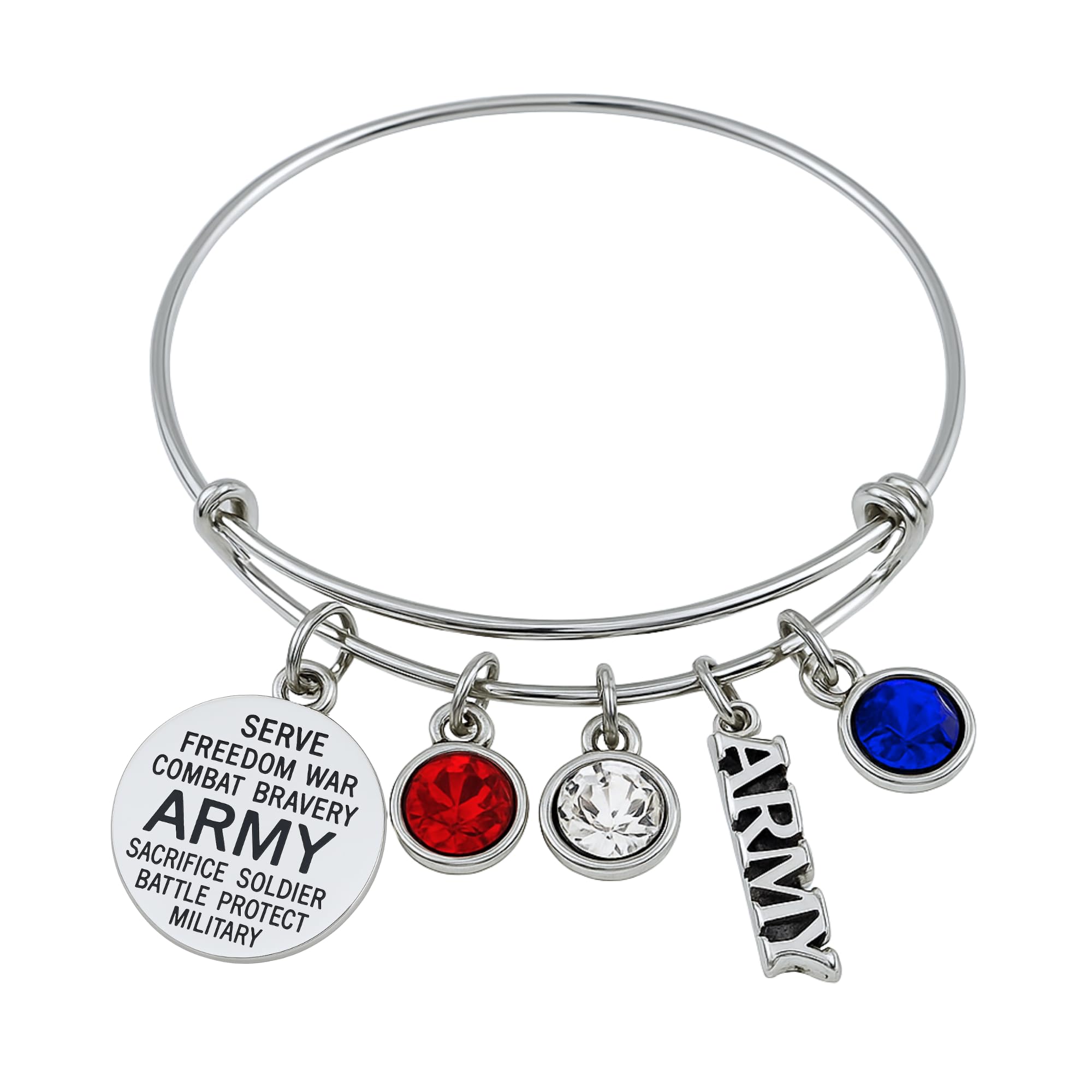 Silver Stainless Steel Army Charm Bangle Bracelet – Red White Blue Rhinestone Bracelet for Mom Daughter Sister Niece Cousin – Military Appreciation Gift Jewelry for Women