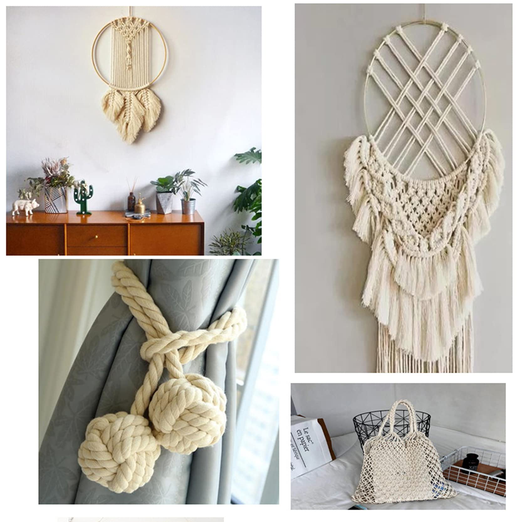 ZNKZJ Cordón de macramé de algodón 2 Piezas,Cuerda de macramé Cordón de algodón Trenzado Fuerte Suave 200m / 500m / 1000m,para Colgar en la Pared de macramé Hecho a Mano,Beige-5mm_500m
