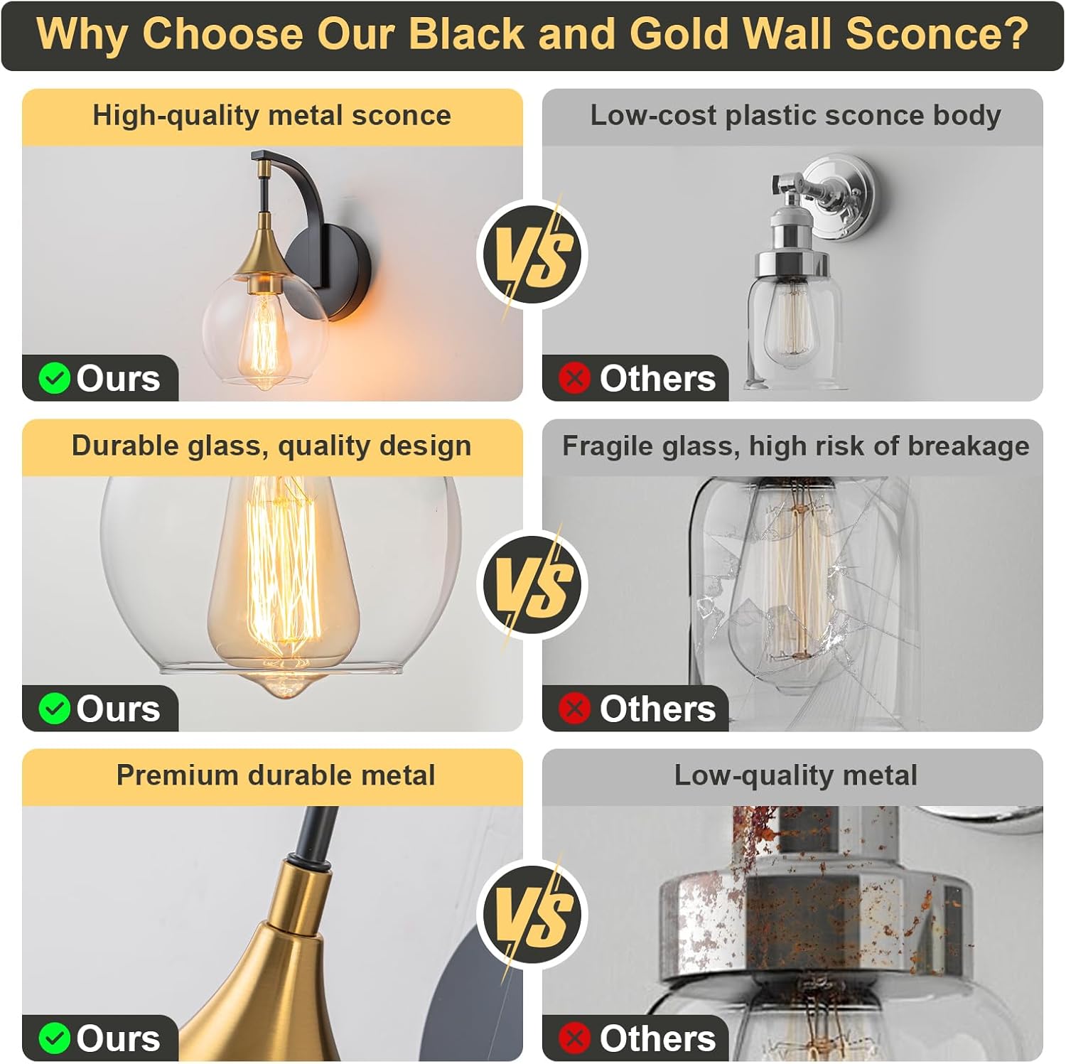 Modern Wall Sconce, Black and Gold Bathroom Vanity Lights with Clear Glass Shade, 1-Light Wall Light Fixture for Bathroom,Living Room, Hallway, Bedroom