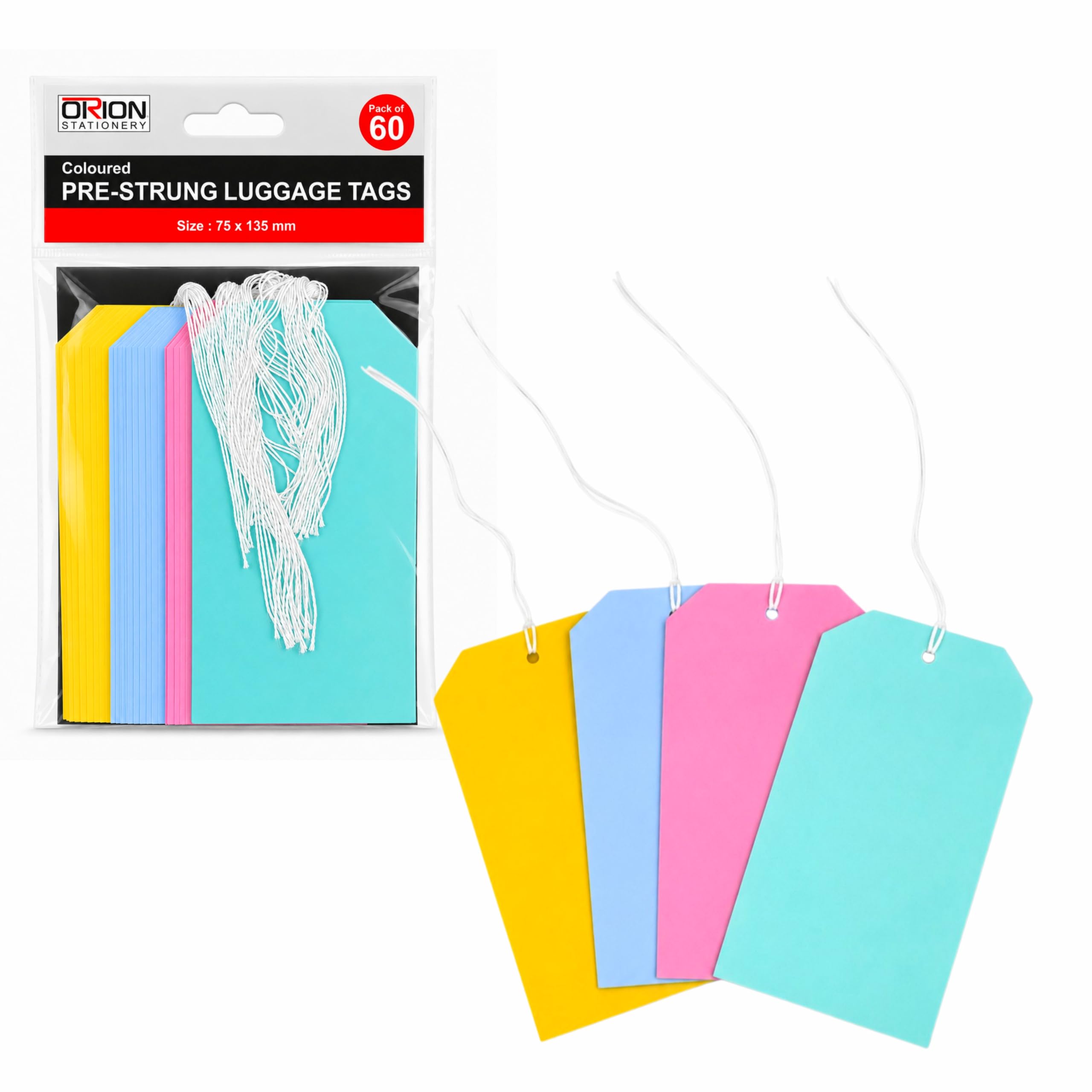 Orion 60 Pieces Coloured Pre Strung Luggage Tags 75 x 135 mm
