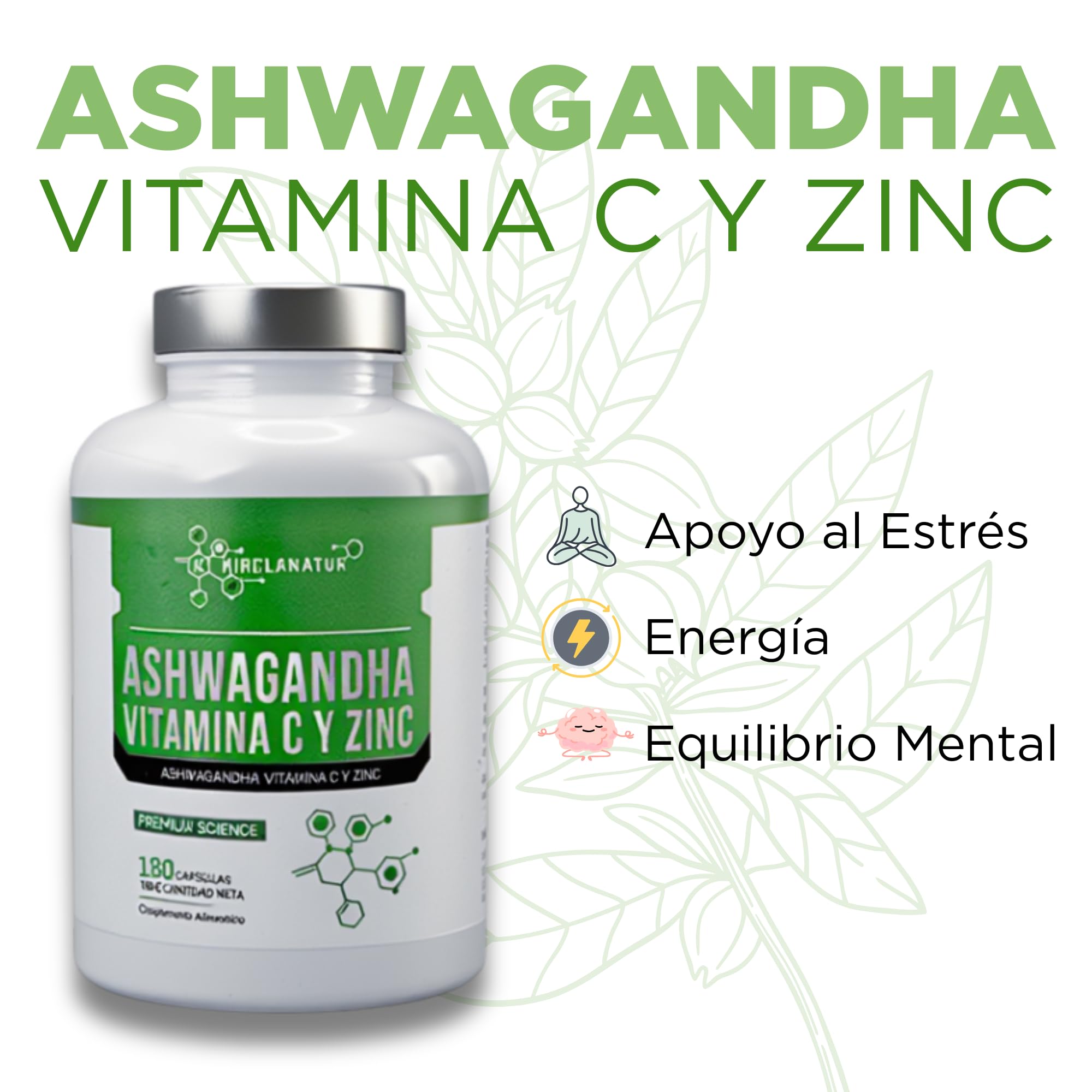 Ashwagandha con Vitamina C y Zinc - Antiestrés Natural, Energía y Equilibrio Emocional - Sueño Reparador y Refuerzo del Sistema Inmunitario - 180 Cápsulas Sin Gluten | KIROLANATUR