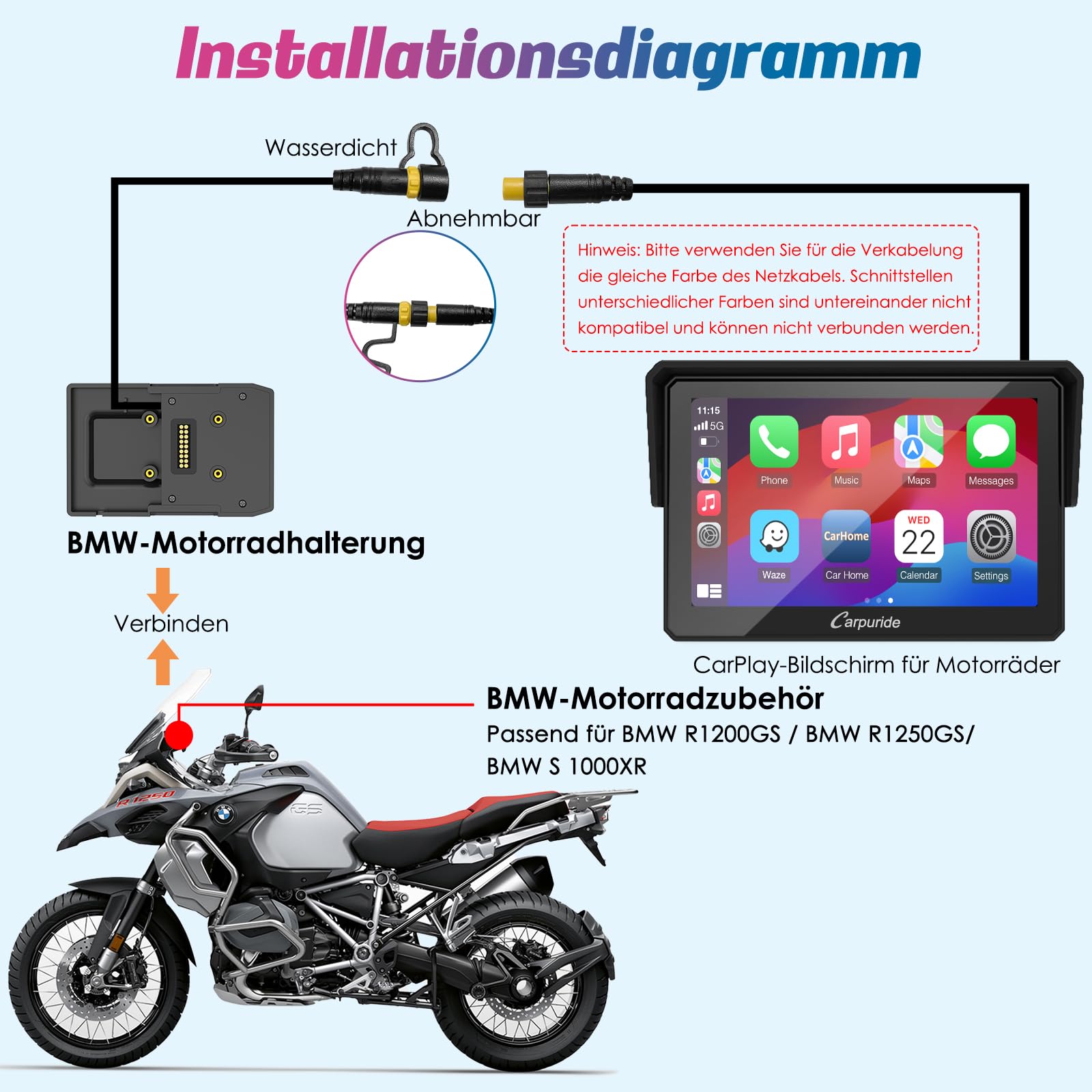 Carpuride W502B Écran Carplay pour BMW Moto R1200GS R1250GS S1000XR, écran Tactile étanche de 5 Pouces, Navigation GPS Portable Carplay/Android Auto pour Motos, Double Bluetooth