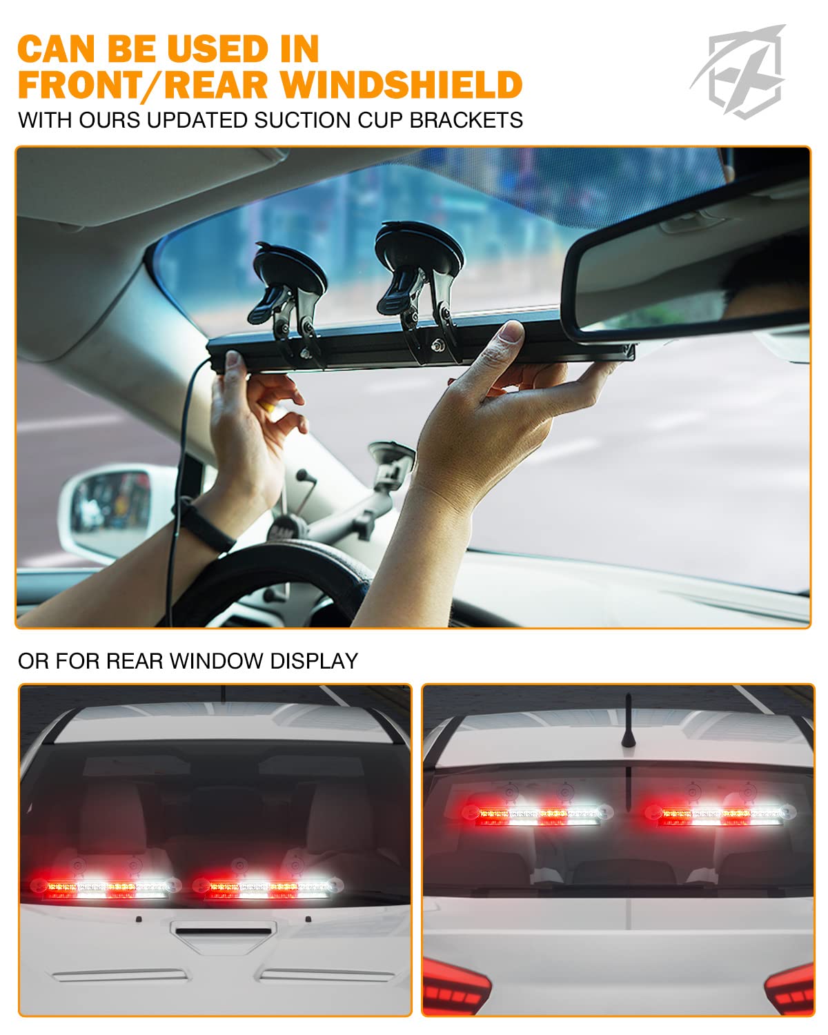 Xprite Windshield Dash Strobe Light Bar Aluminum W/Suction Cups, Deck Visor Hazard Warning Police Federal Signal Flashing Lights For Emergency POV - View #7