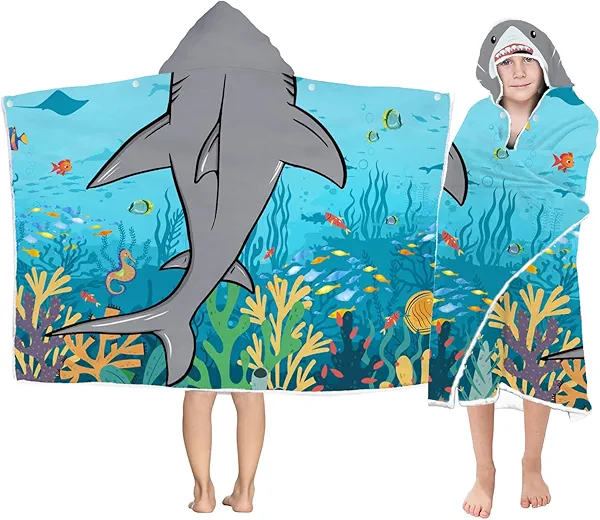 Shark Hooded Beach Towel for Boys, Soft & Absorbent Shark Poncho Towel for Kids, Cool Ocean Animal Design, 30”x50” Blue Shark Hooded Bathrobe for Pool, Swim, and Bath Time