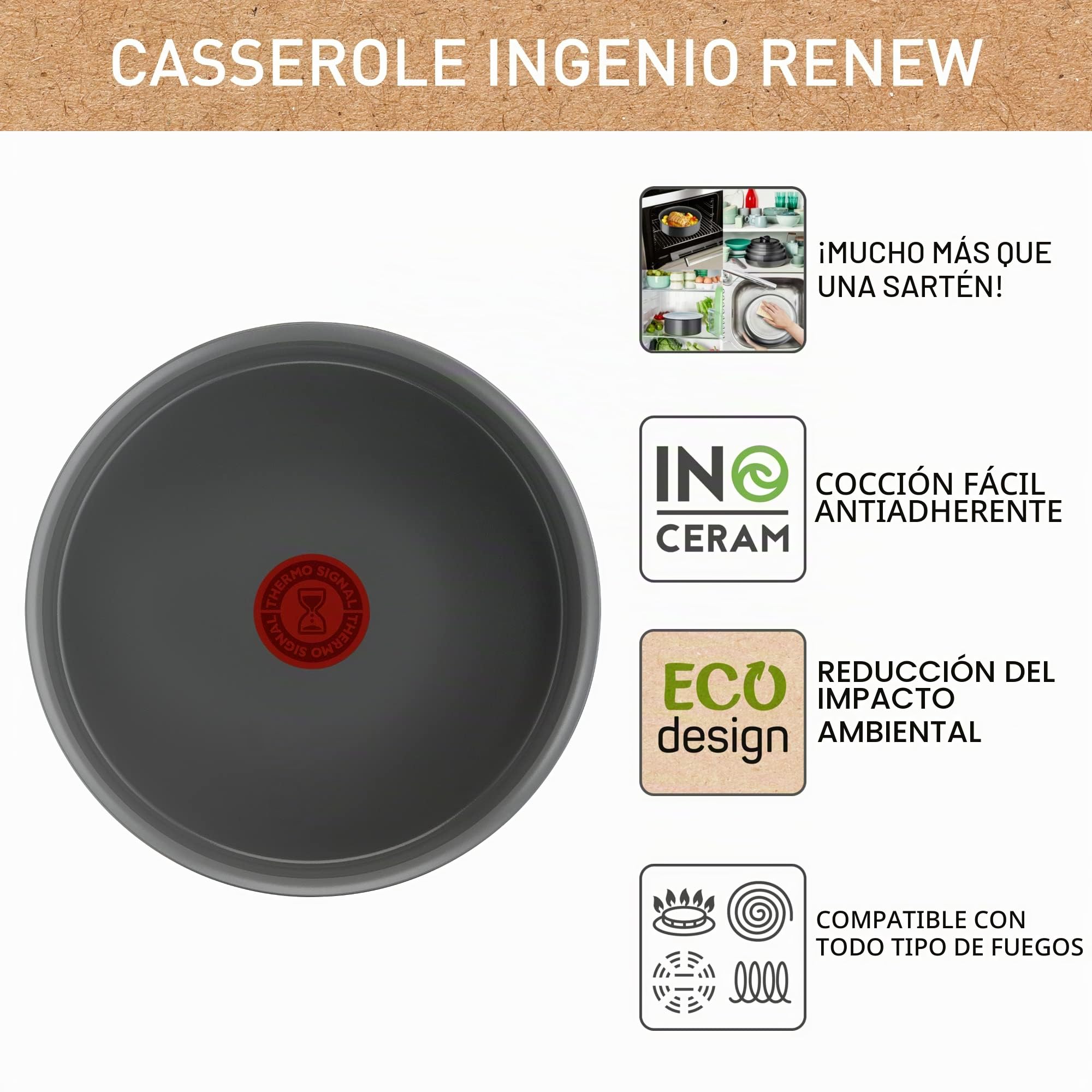 Tefal Ingenio Renew - Cazo de 20 cm, revestimiento cerámico antiadherente, reciclado, cocción sana, Thermo-Signal™, cocción segura, fabricada en Francia, todo tipo de fuegos, incluida inducción