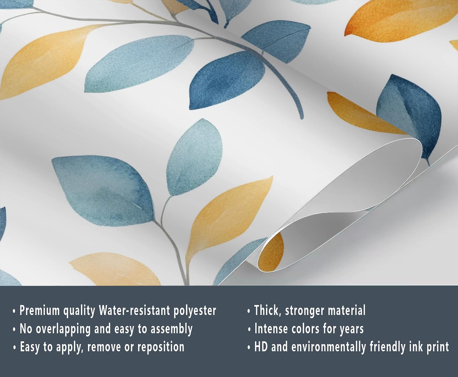 Eucalyptus Wall Murals, Plant Leaves Wallpaper, Yellow Blue Mural Wallpaper for Kids Bedroom Living Room Accent Decor 78" x 55" (Not Peel and Stick)