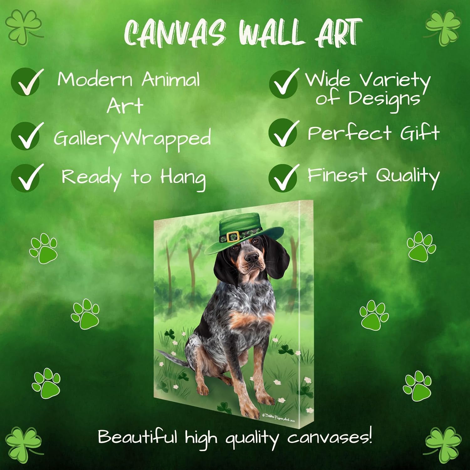 St. Patricks Day with Bluetick Coonhound Dogs Canvas Wall Art - Premium Quality Ready to Hang Room Decor - 1.5" Thick Canvas Wrap 11" x 14"