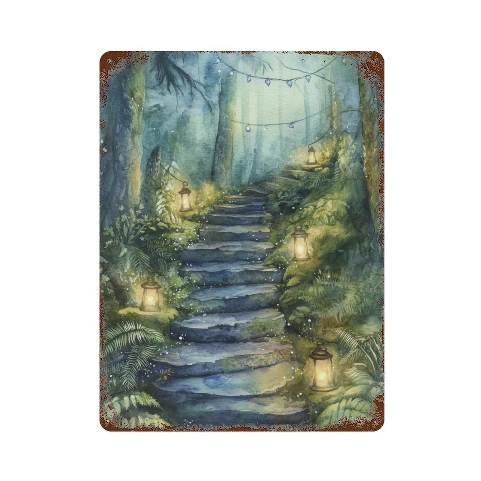 Mossy Stone Stairway Cottagecore Decor Dark Academia Vintage Woodland Illustration Rustic Nature Wall Decor Art Metal Tin Poster Modern Home Decor Art Home Bar Shop Decorations Vintage Sign 40x30cm