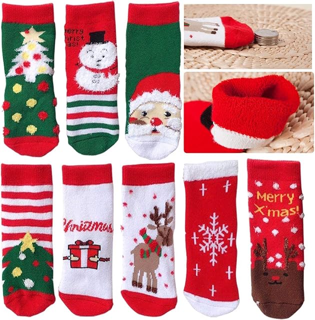 HOUSTAR 8 Pairs Kids Christmas Socks, Winter Warm Cute Super Soft Cotton Knit Xmas Print Socks Kids Slipper Socks for Toddler Children Girls Boys Novelty New Year Christmas Gifts (0-2 Year)