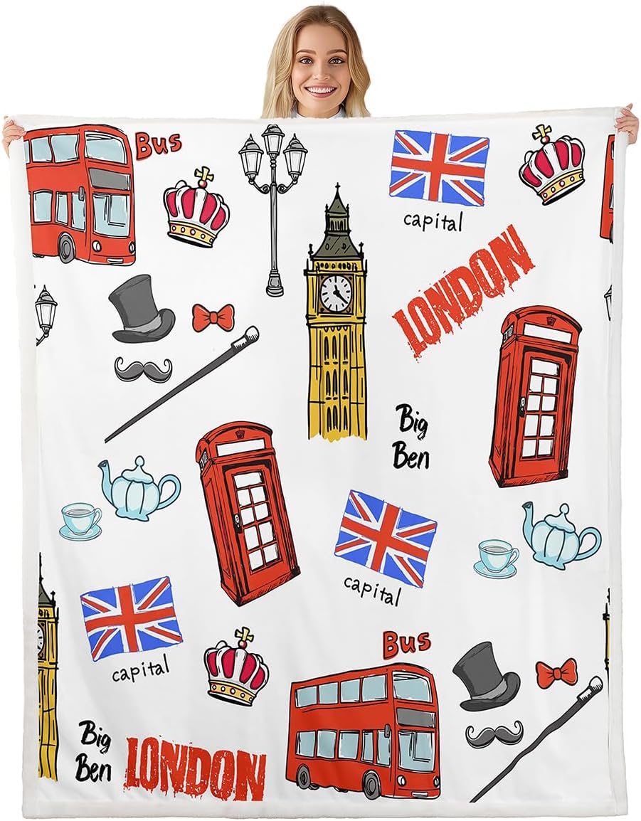 Feelyou Kids Big Ben Plush Blanket Cartoon Famous Telephone Booth Fleece Blanket for Sofa Couch Cute Retro UK Theme Sherpa Throw Blanket Ultra Soft London Decor Fuzzy Blanket Throw 50"x60"