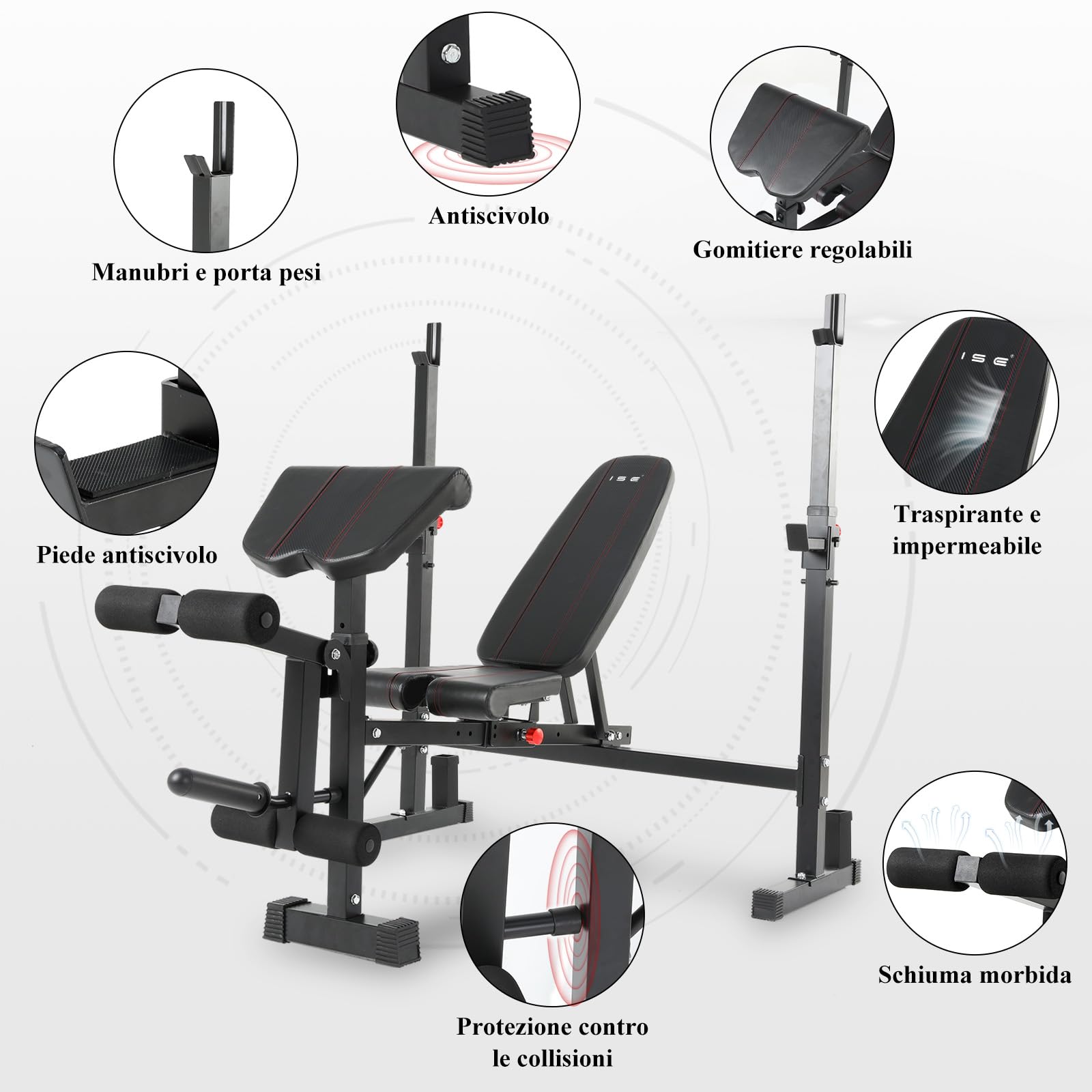 ISE Panca Multifunzione Palestra Casa, Panca Pesi Regolabile con Supporto Bilanciere Schienale Reclinabile Fitness per Allenamento a Casa
