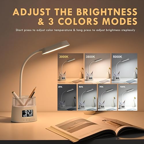 Miniatura 3 de Lámpara de escritorio LED con soporte para bolígrafo, lámparas táctiles para mesita de noche con 3 modos de color, luz de lectura de cabecera con