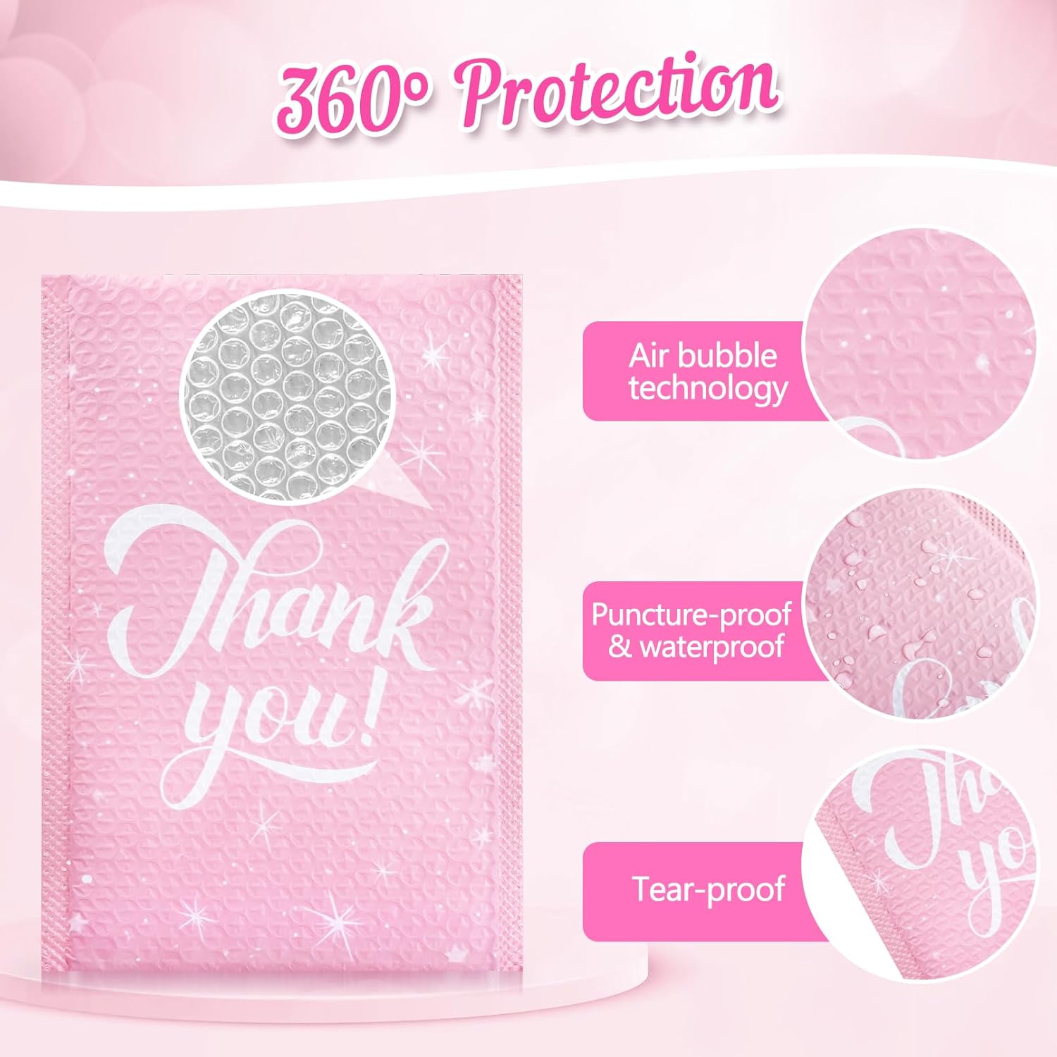 50 Pack Bubble Mailers, 6x10" Thank You Bubble Mailers, Waterproof Self Sealing Padded Envelopes,Cushioning Shipping Envelopes for Packaging, Mailing, Small Business(Pink)