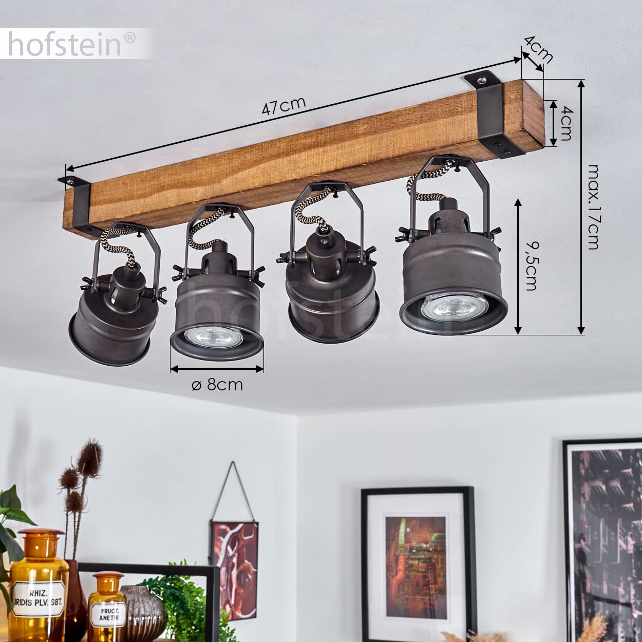 HOFSTEIN Deckenleuchte Pehefito, verstellbare Deckenlampe aus Metall/Holz in Schwarz/Braun, Leuchte im Industrial/Retro/Vintage-Design mit Holzbalken, 4 x GU10, Wohnzimmer, Esszimmer, Schlafzimmer
