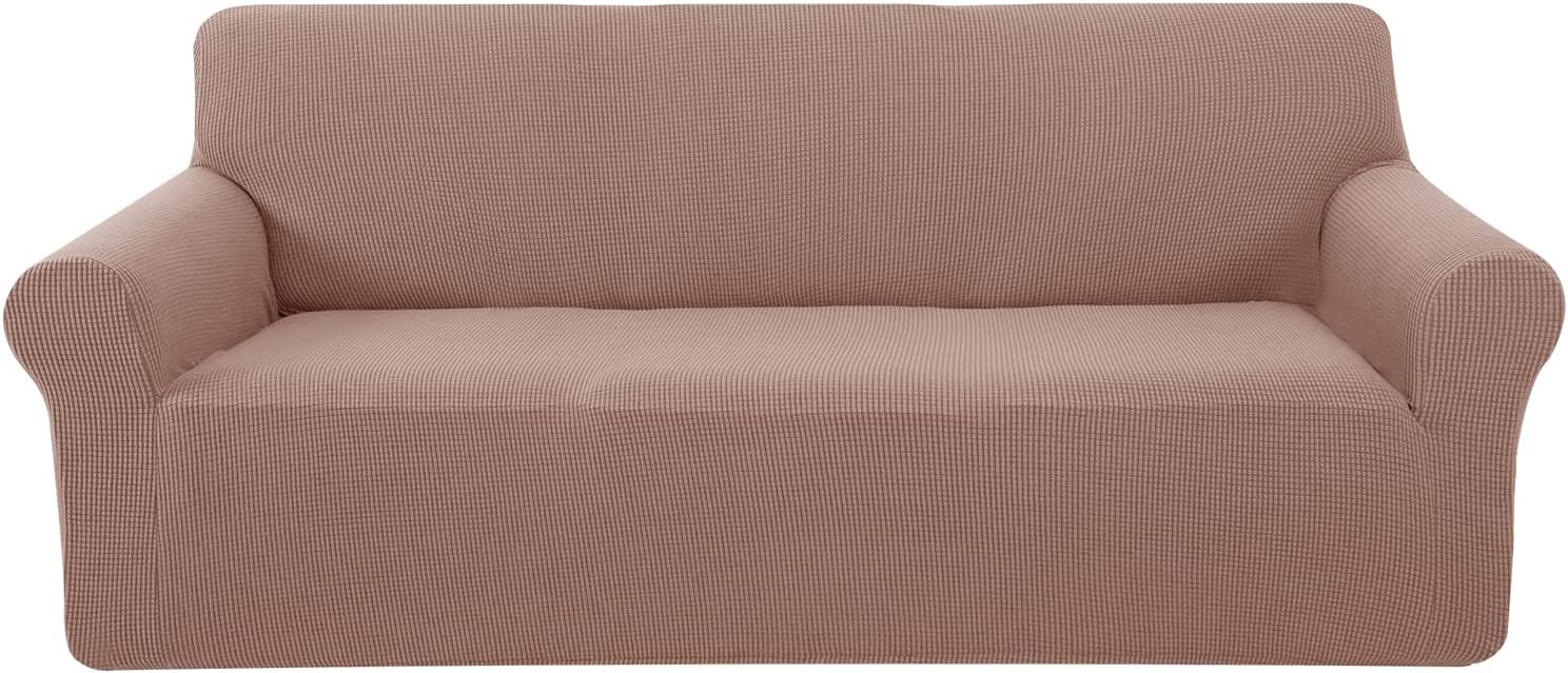 U-NICE HOME Stretch Couch Cover Sofa Covers for 3 Cushion Couch Slipcover with Elastic Bottom Furniture Protector for Dogs, Spandex Jacquard Soft Fabric (Large, Camel)