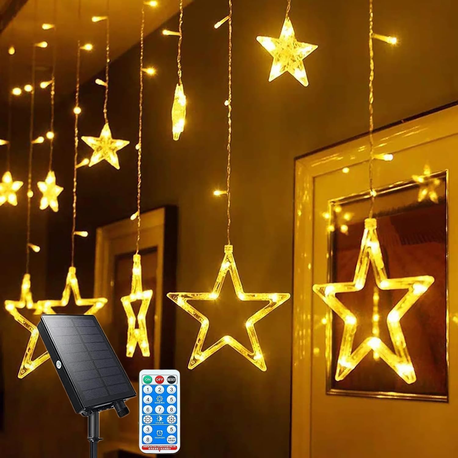 SUAVER 138LED Solar Star String Light, Christmas Curtain Lights Decoration 12 Stars Fairy Lights Hanging Window Lights with Remote for New Year Porch Bedroom Wall Decor (Star Warm White)