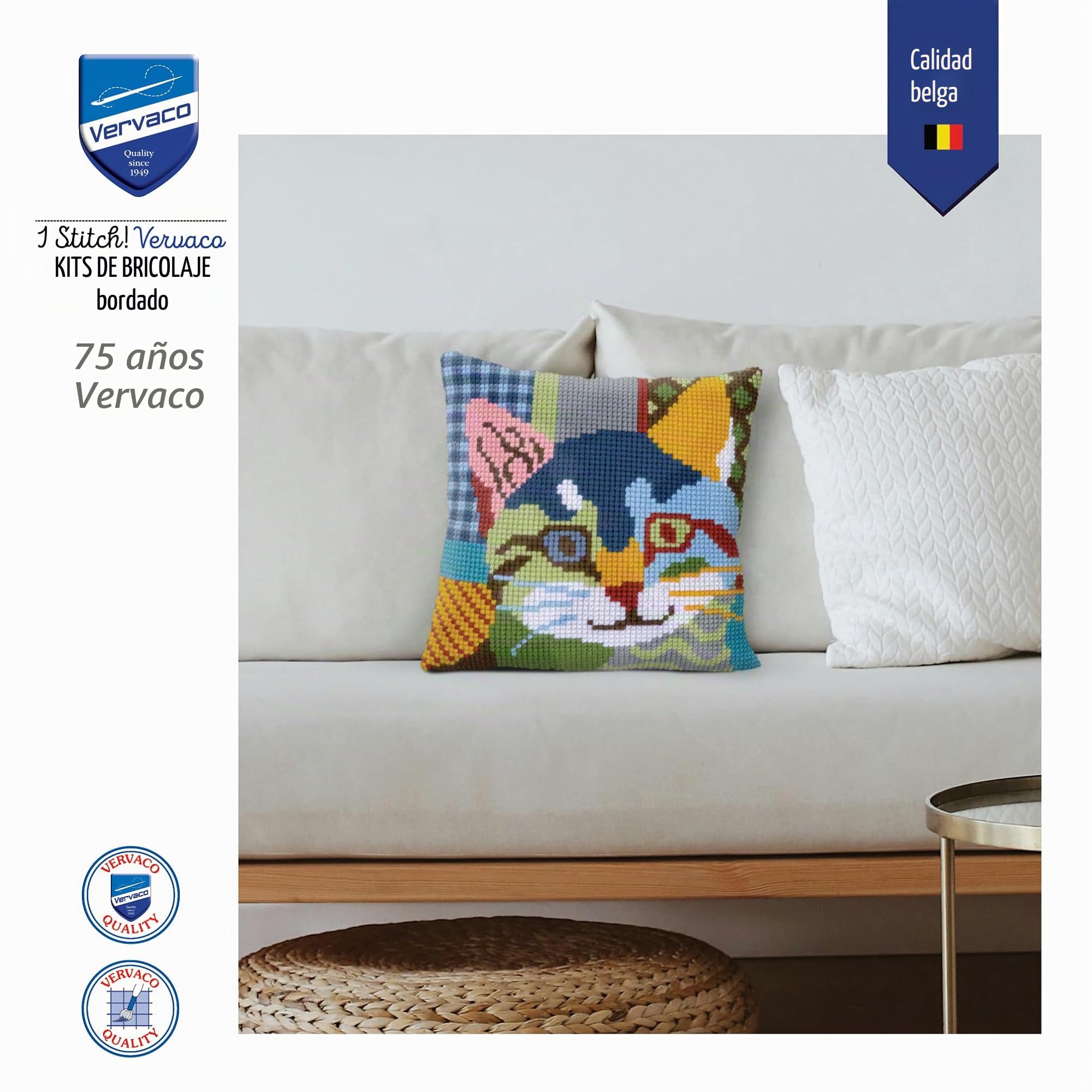 Vervaco Punto De Cruz Kit Cojin Decorativo Gato CALICÓ Manualidades Adultos Decoracion Bordar Kit Principiantes Completo DIY Bordado Creativo Regalo ca. 40x40 cm Cross Stitch Embroidery