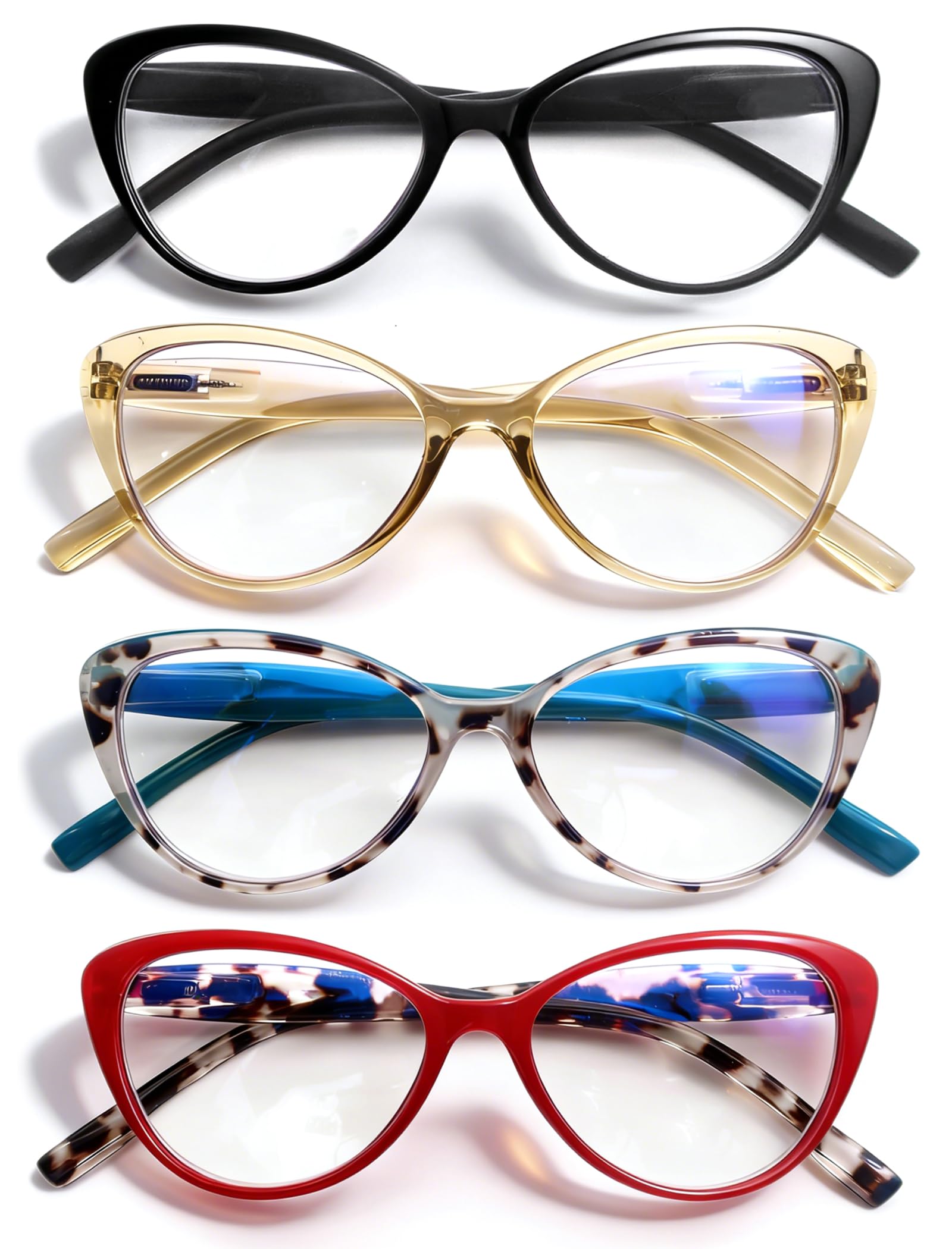 Gafas de lectura de ojo de gato para mujer, con bloqueo de luz azul, para lectores de ojo de gato, elegantes, ligeros, tramposos de rayos azules, paquete de 4